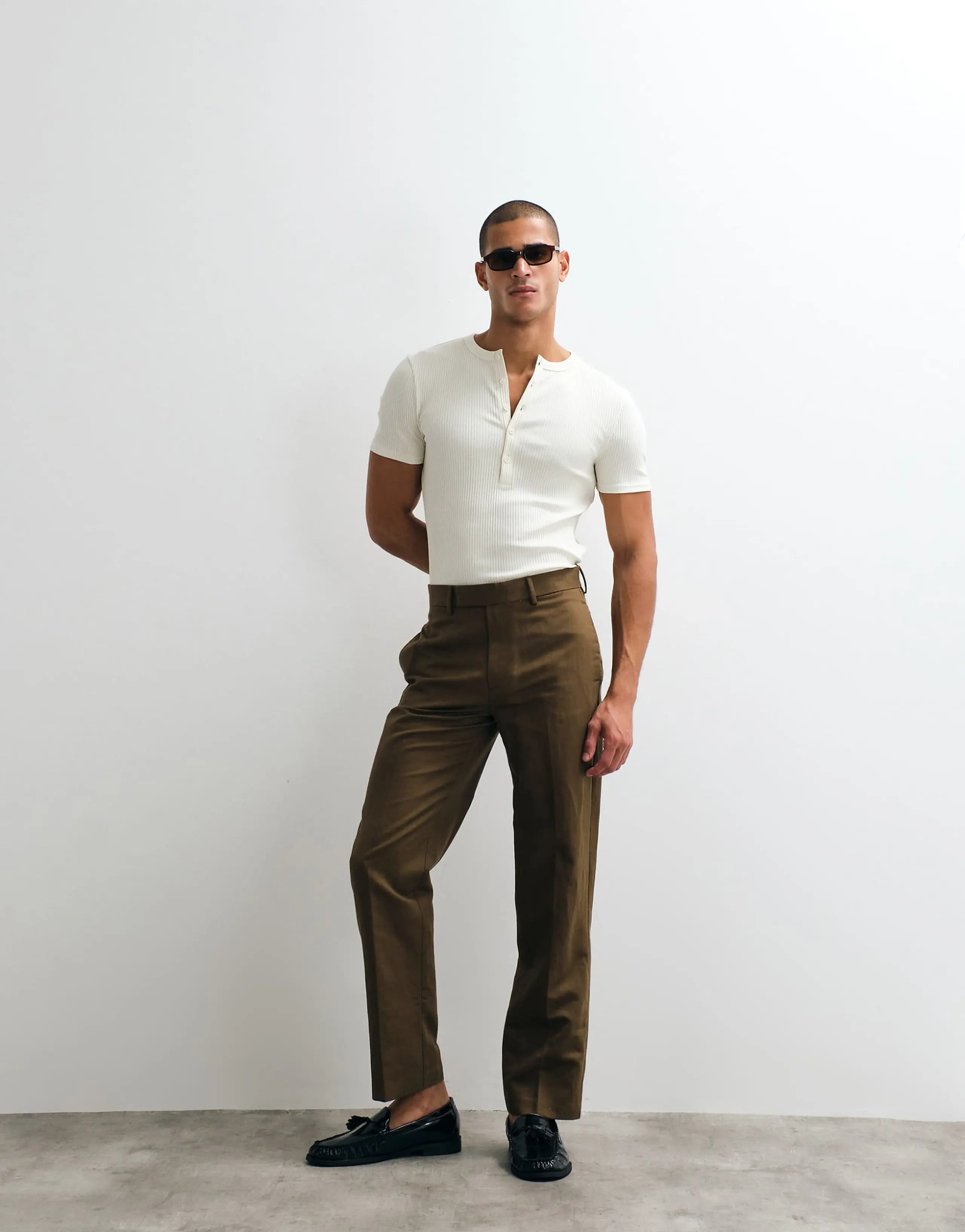 ASOS DESIGN tailored linen rich straight leg pants in dark brown 