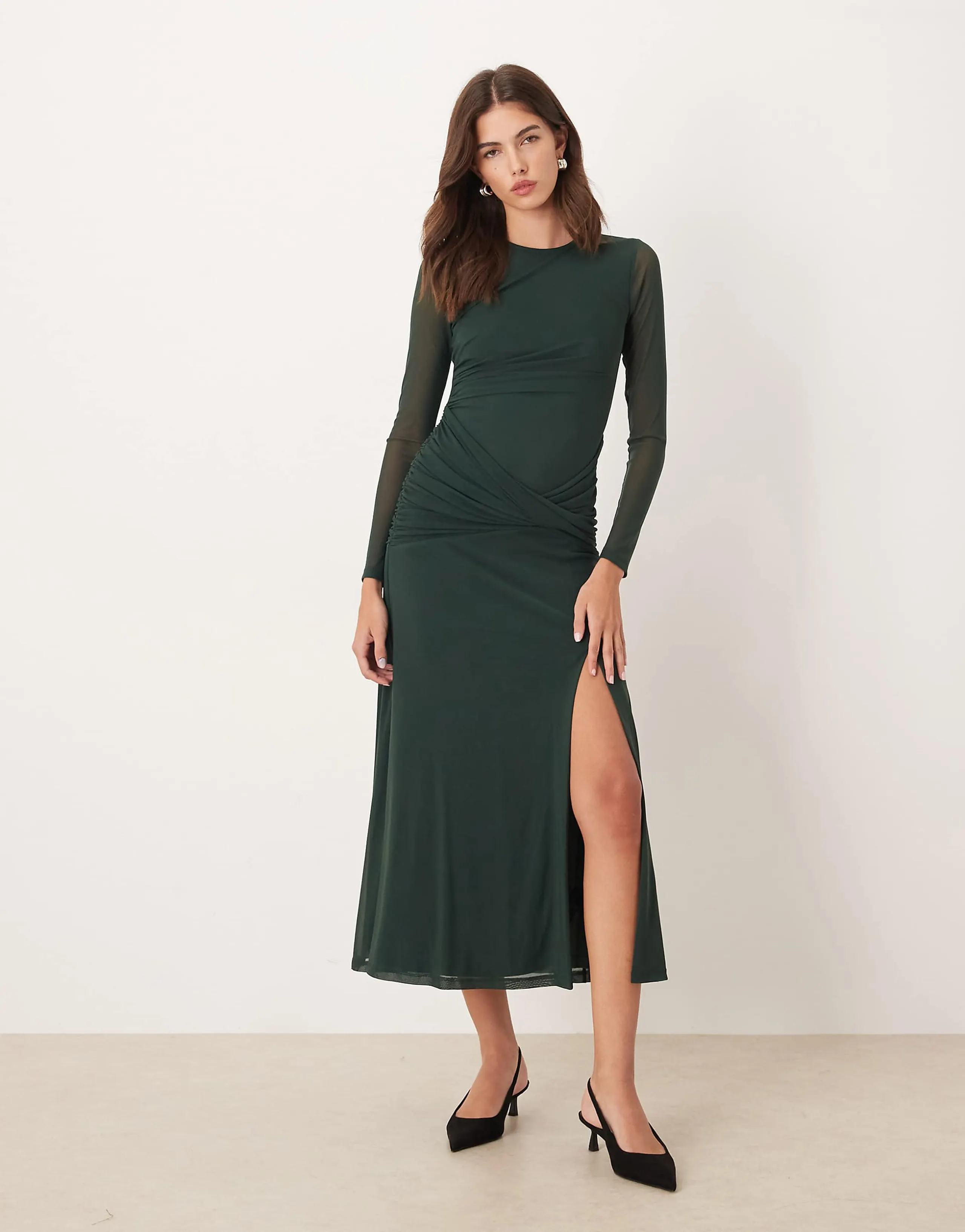 Nobody's Child Tammy ruched drape midaxi dress in dark green