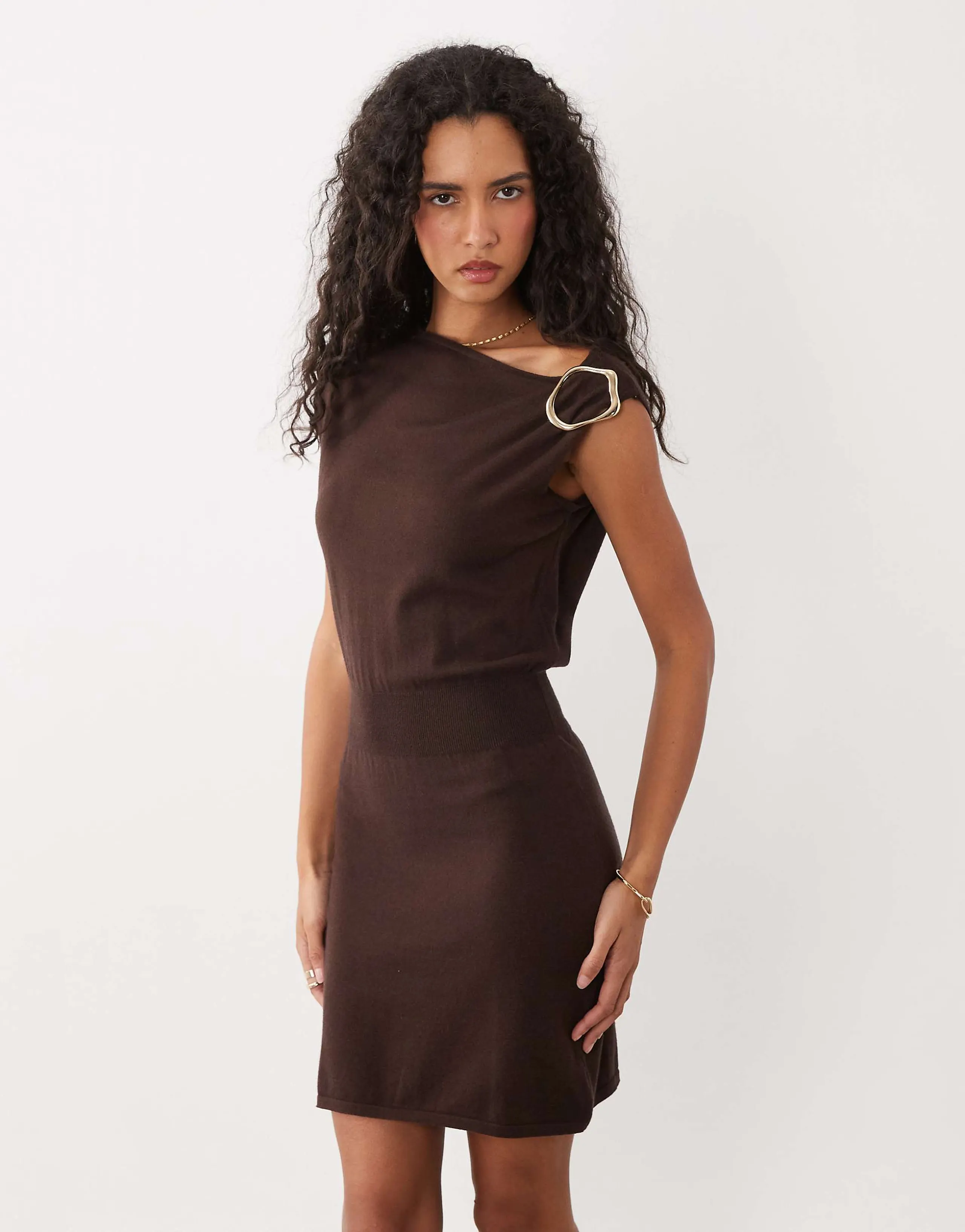 Miss Selfridge off shoulder dress in chocolate with brooch detail