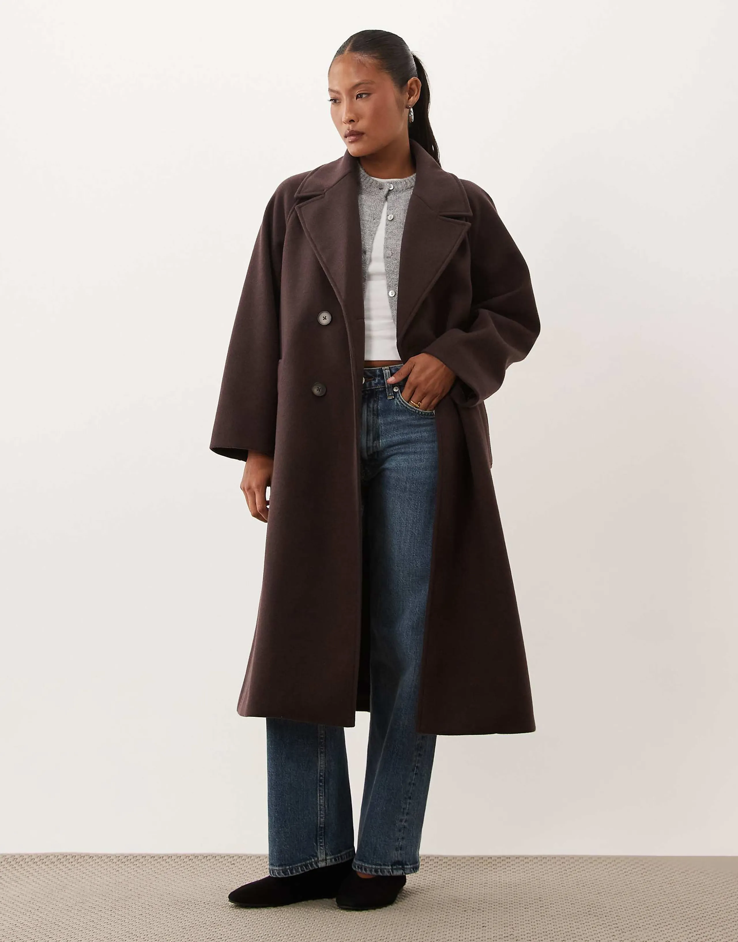 ASOS DESIGN Petite longline double breasted coat in chocolate plum