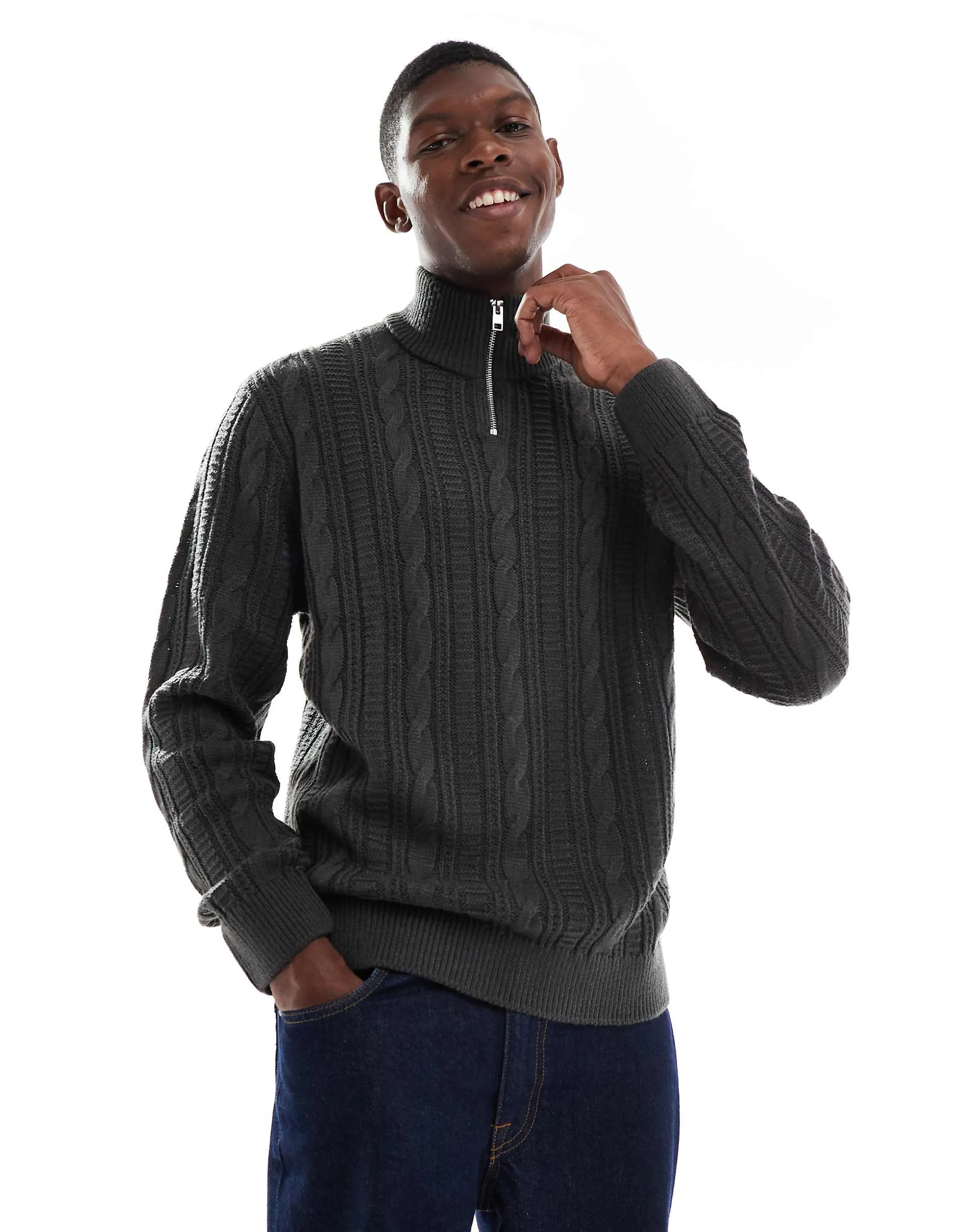 JJ Rebel cable knit 1/4 zip sweater in dark gray