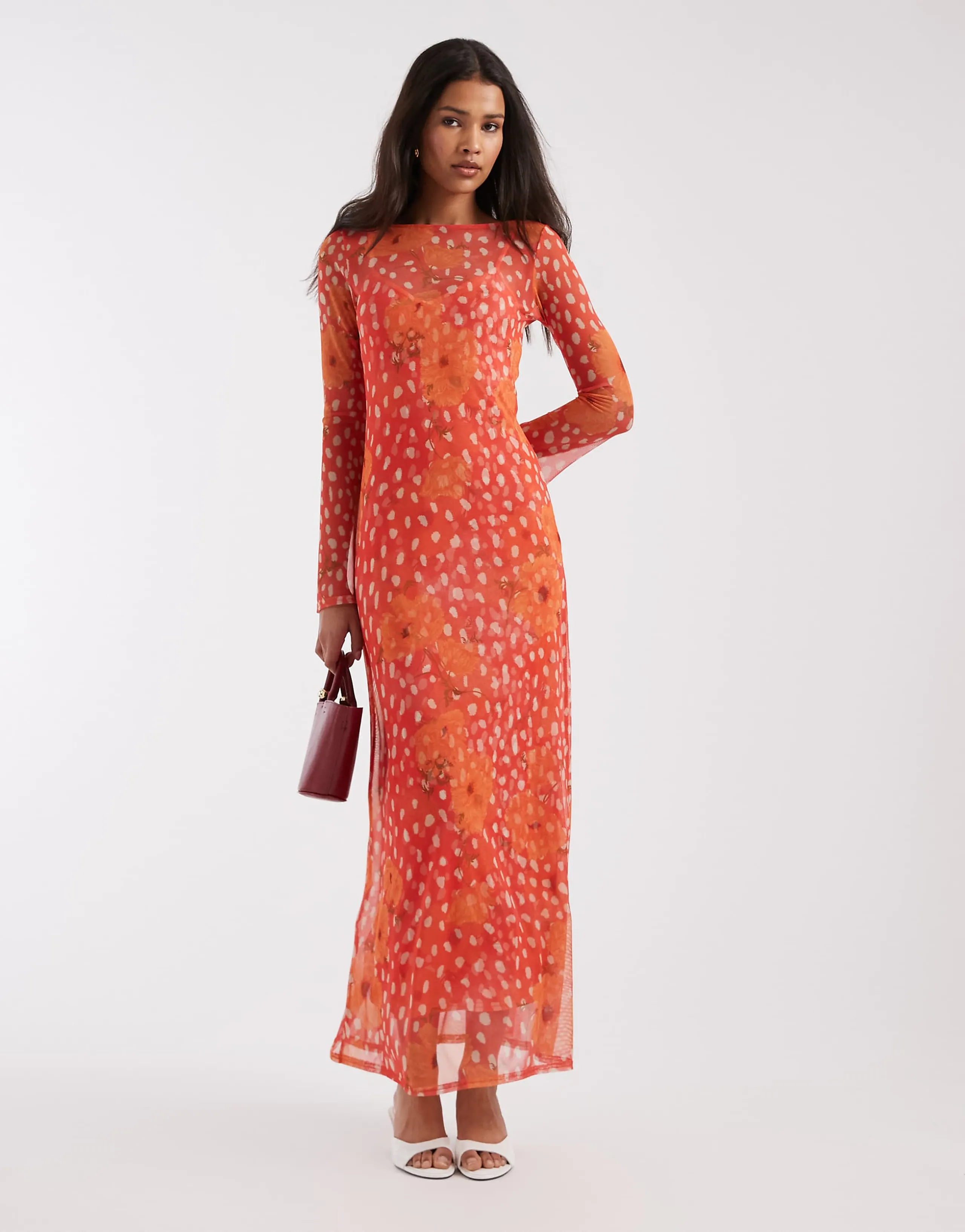Never Fully Dressed Aria long sleeved mesh maxi dress in coral spot poppy print