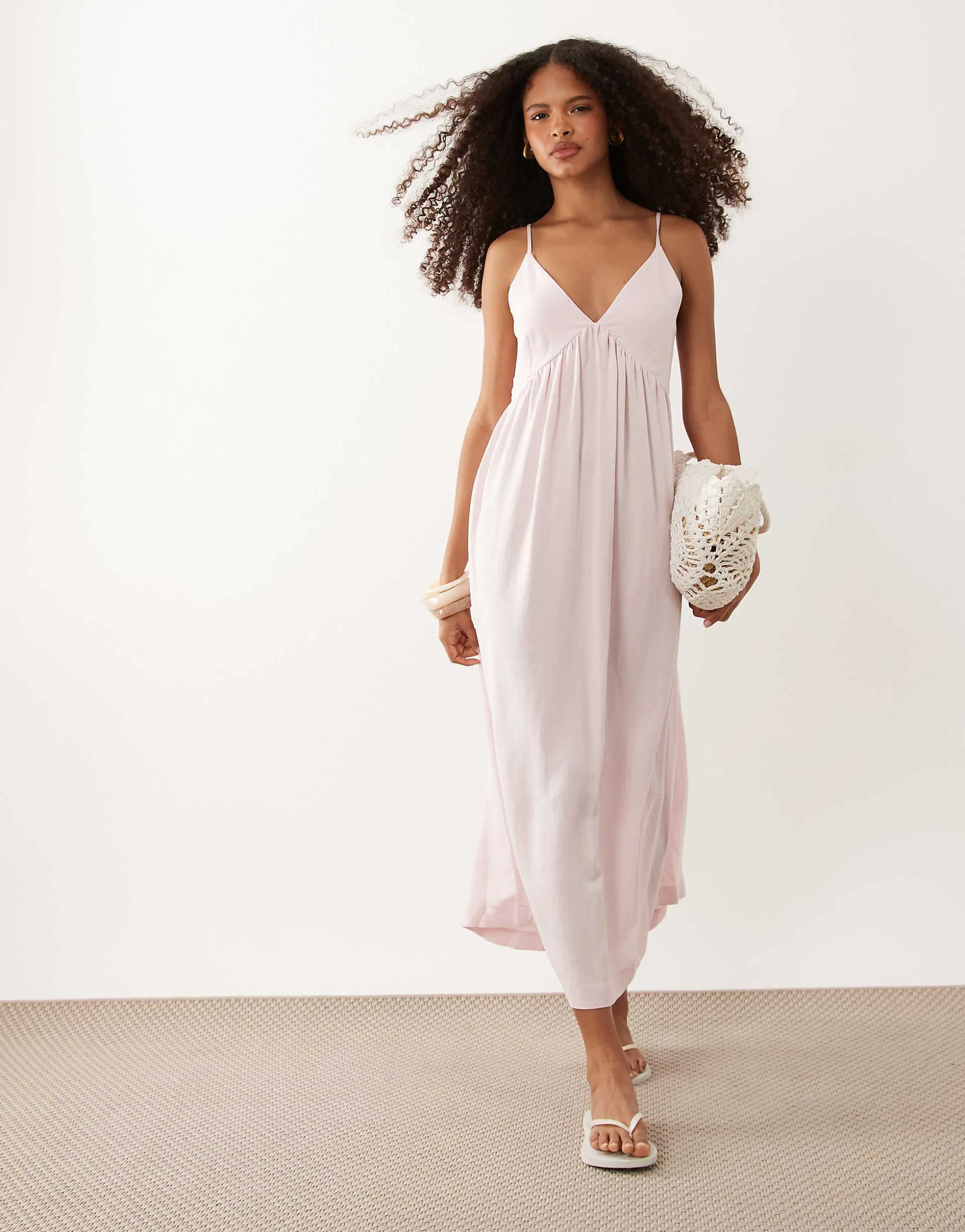 ASOS DESIGN linen blend deep v maxi sundress in pink