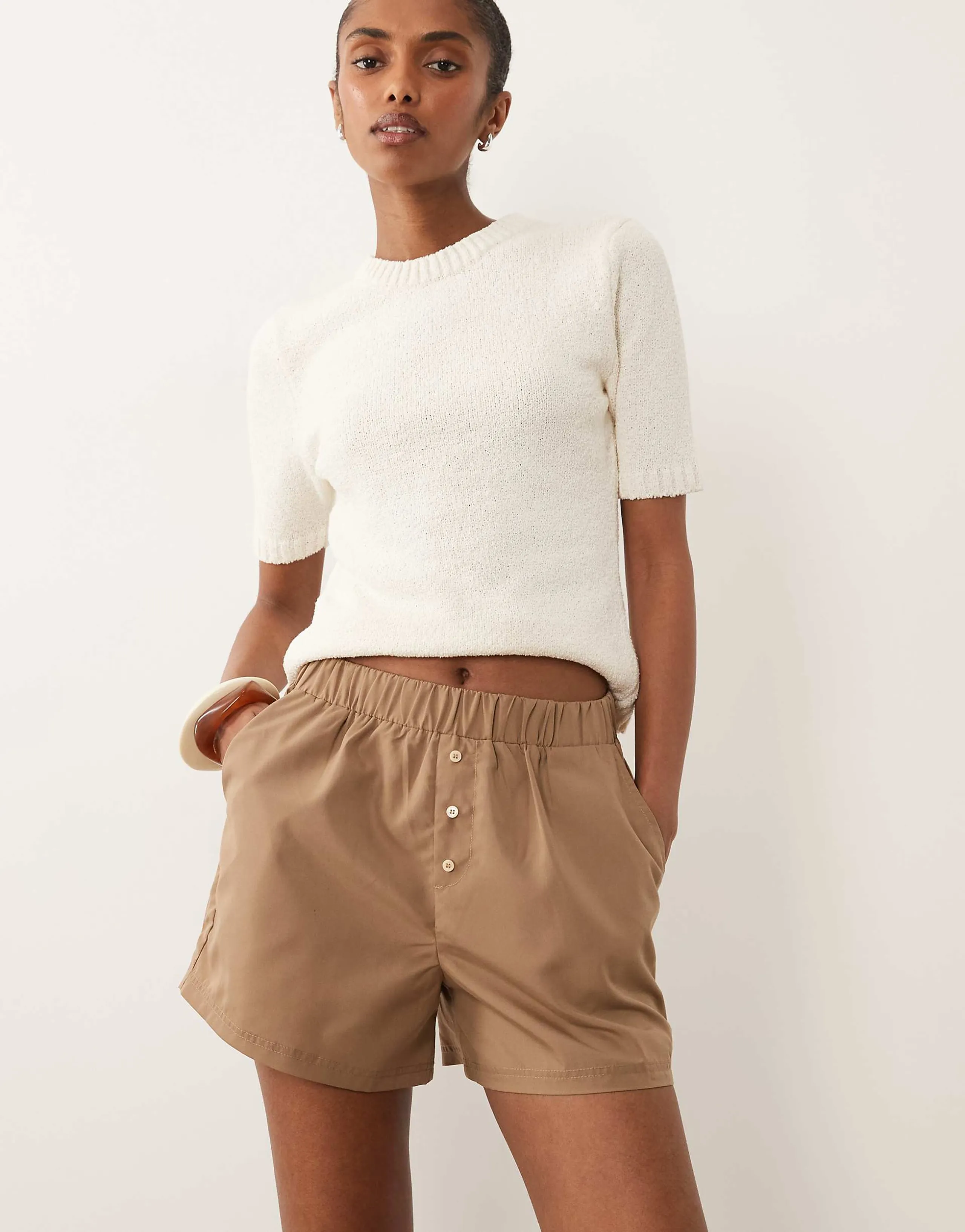 Threadbare cotton poplin boxer style shorts in taupe