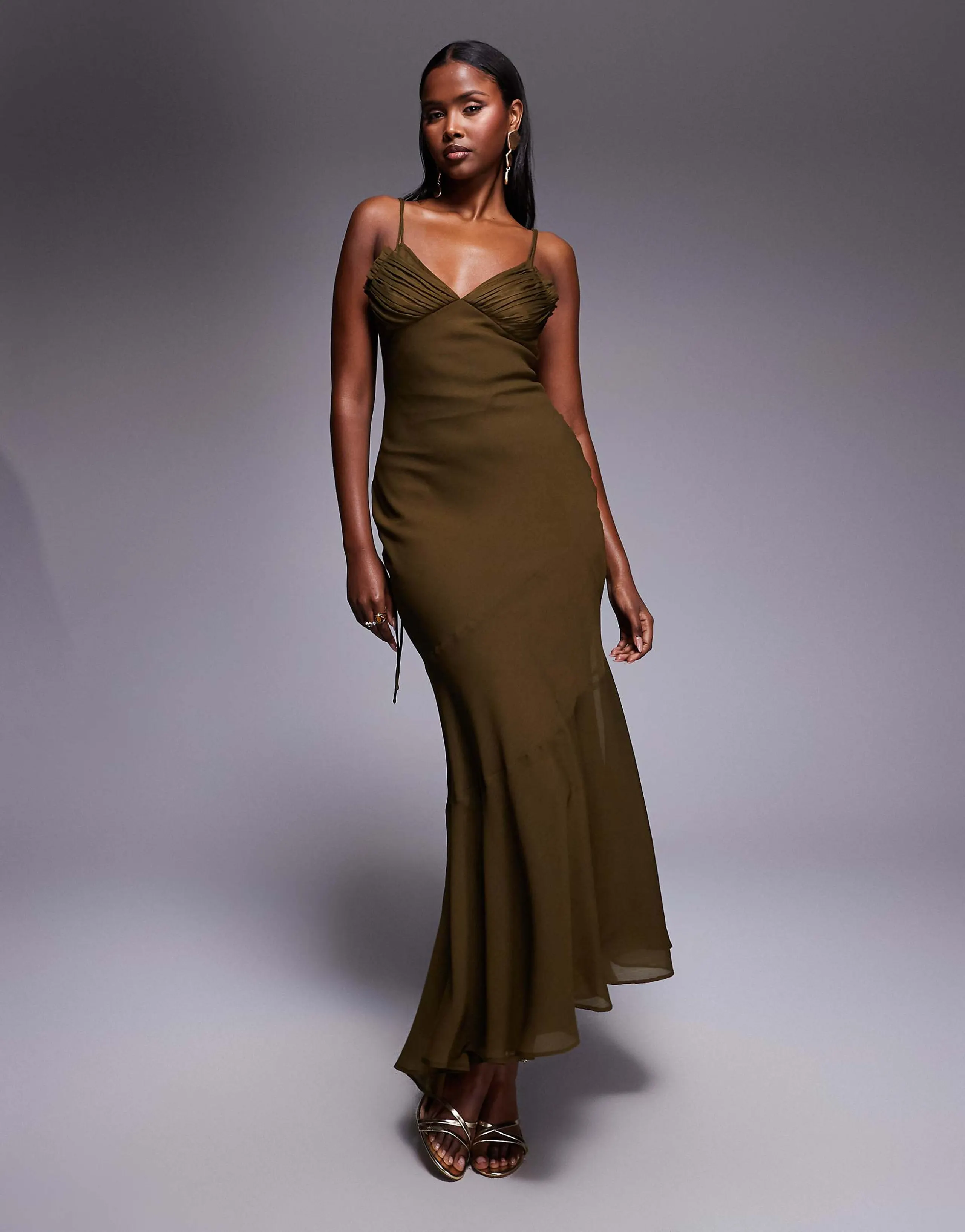 ASOS DESIGN bias cut fishtail dress with micro double layer bust in khaki green