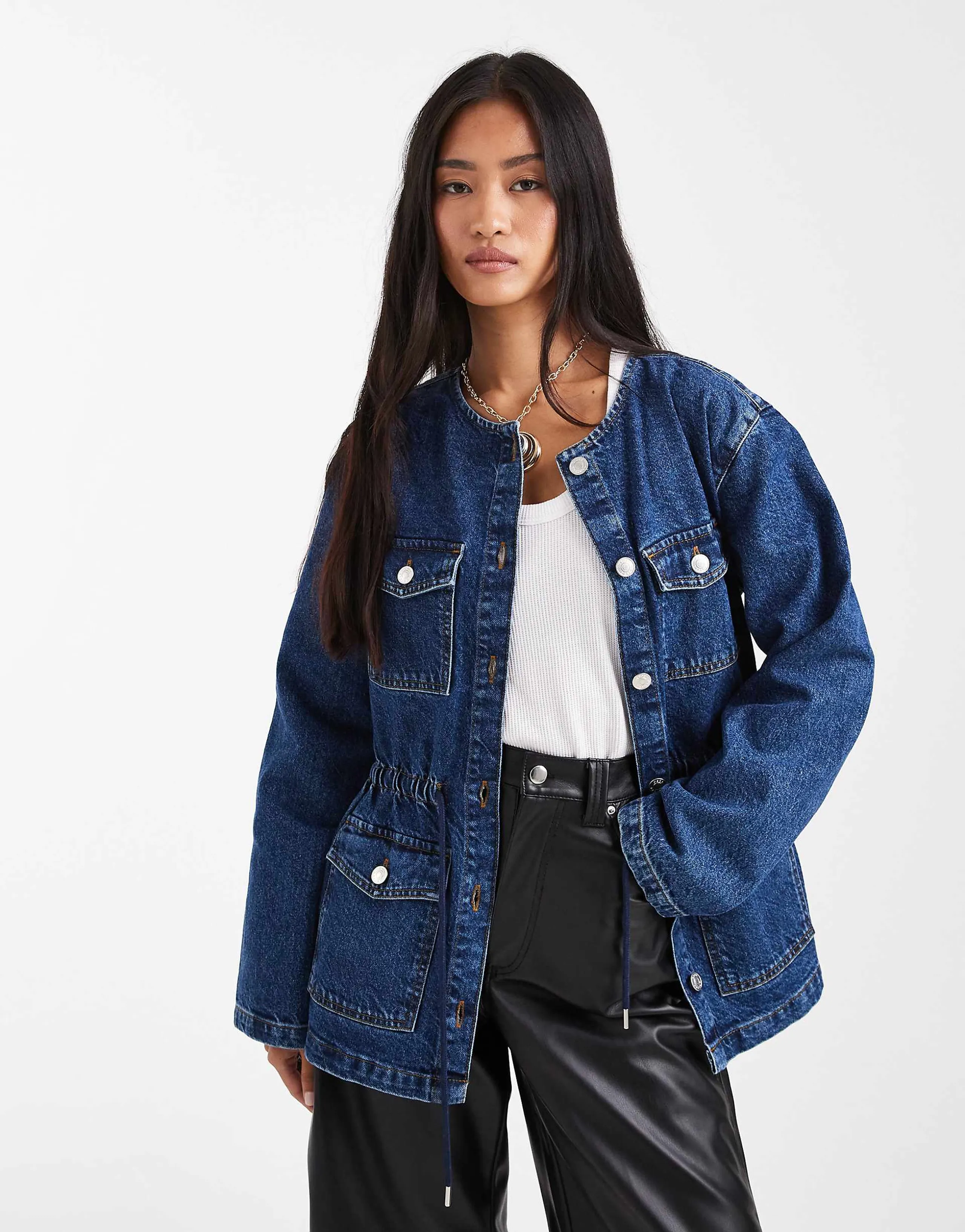 ASOS DESIGN cinch waist utility pocket denim jacket with waist cord
