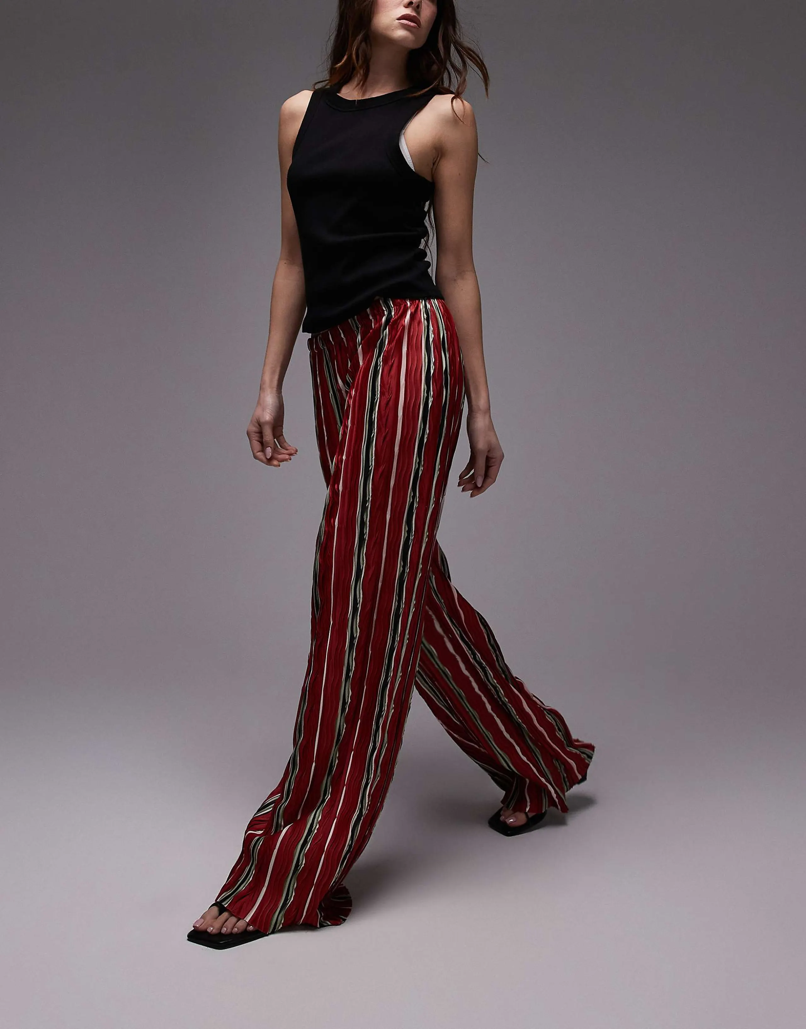 Topshop striped plisse wide leg pants in red