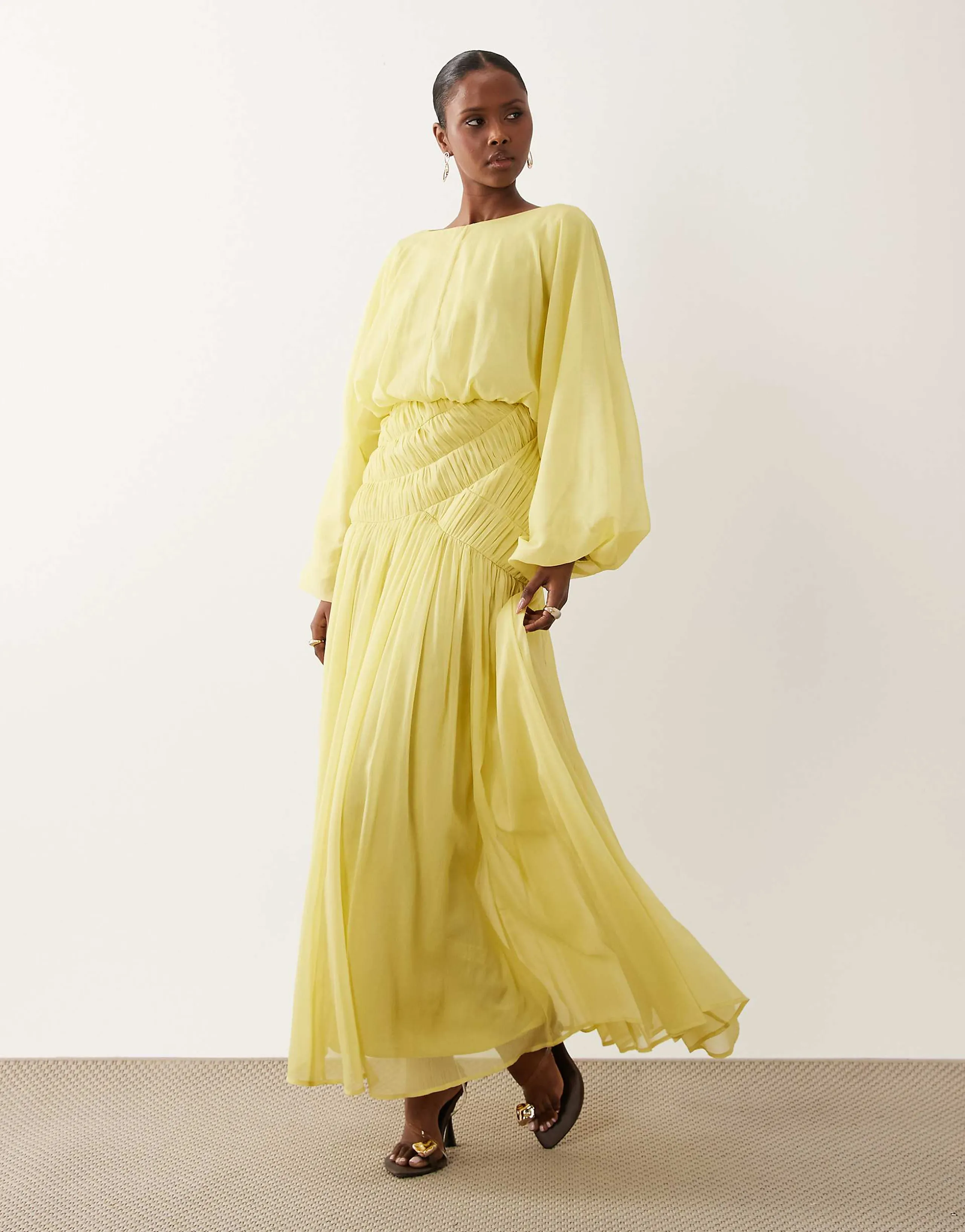 ASOS DESIGN long sleeve blouson maxi dress with gauged ruched waist detail in yellow