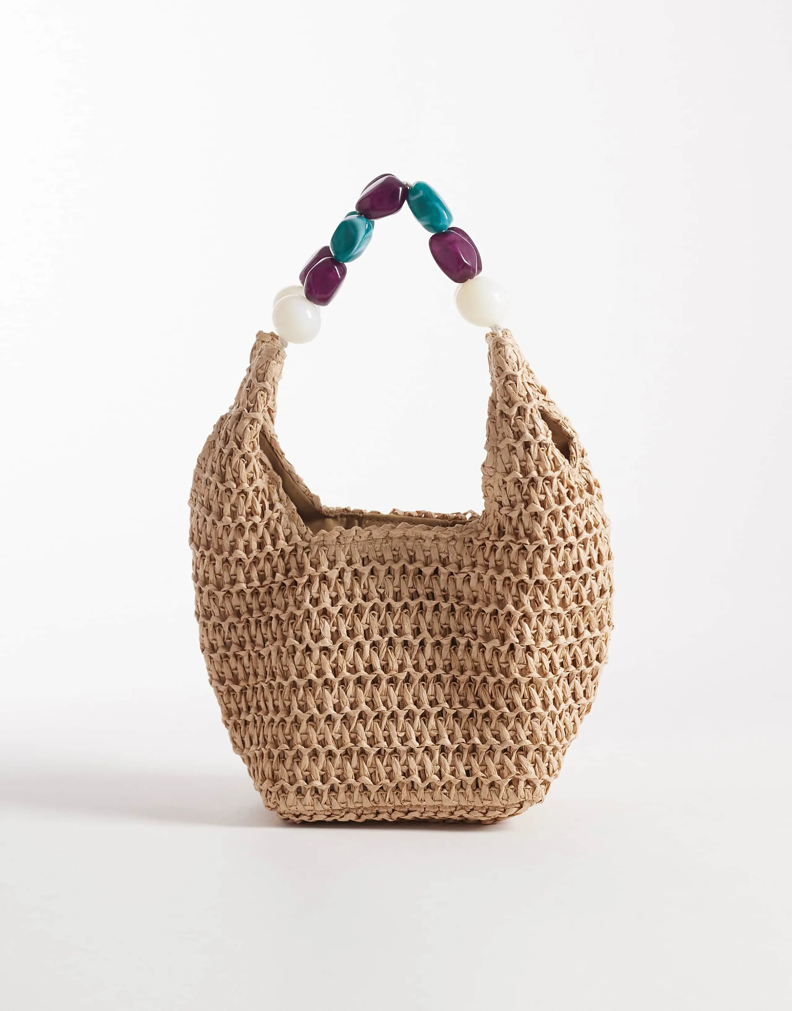 South Beach straw clutch purse with resin beaded handle in natural 