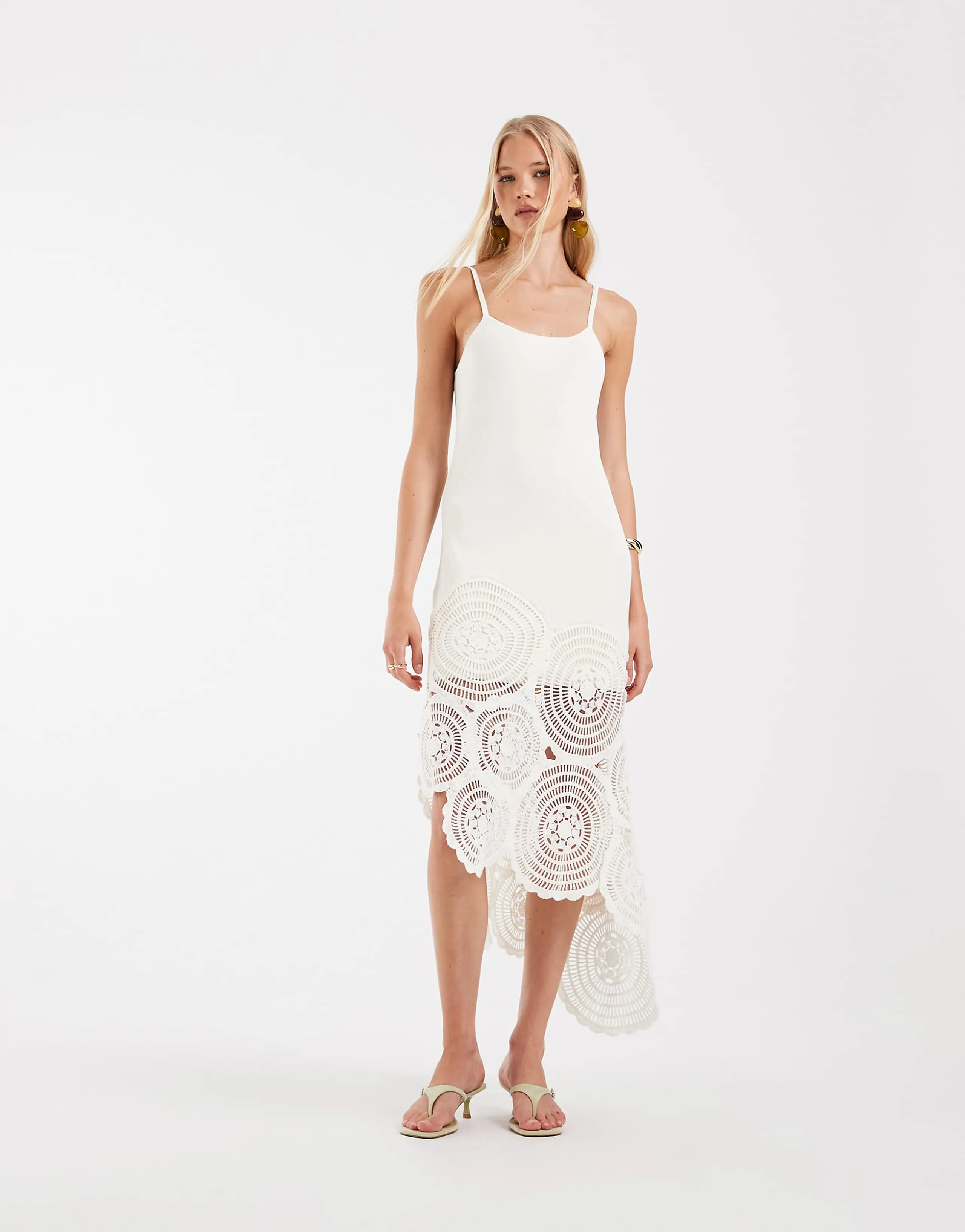 ASOS DESIGN compact knit contrast crochet midi dress in white 