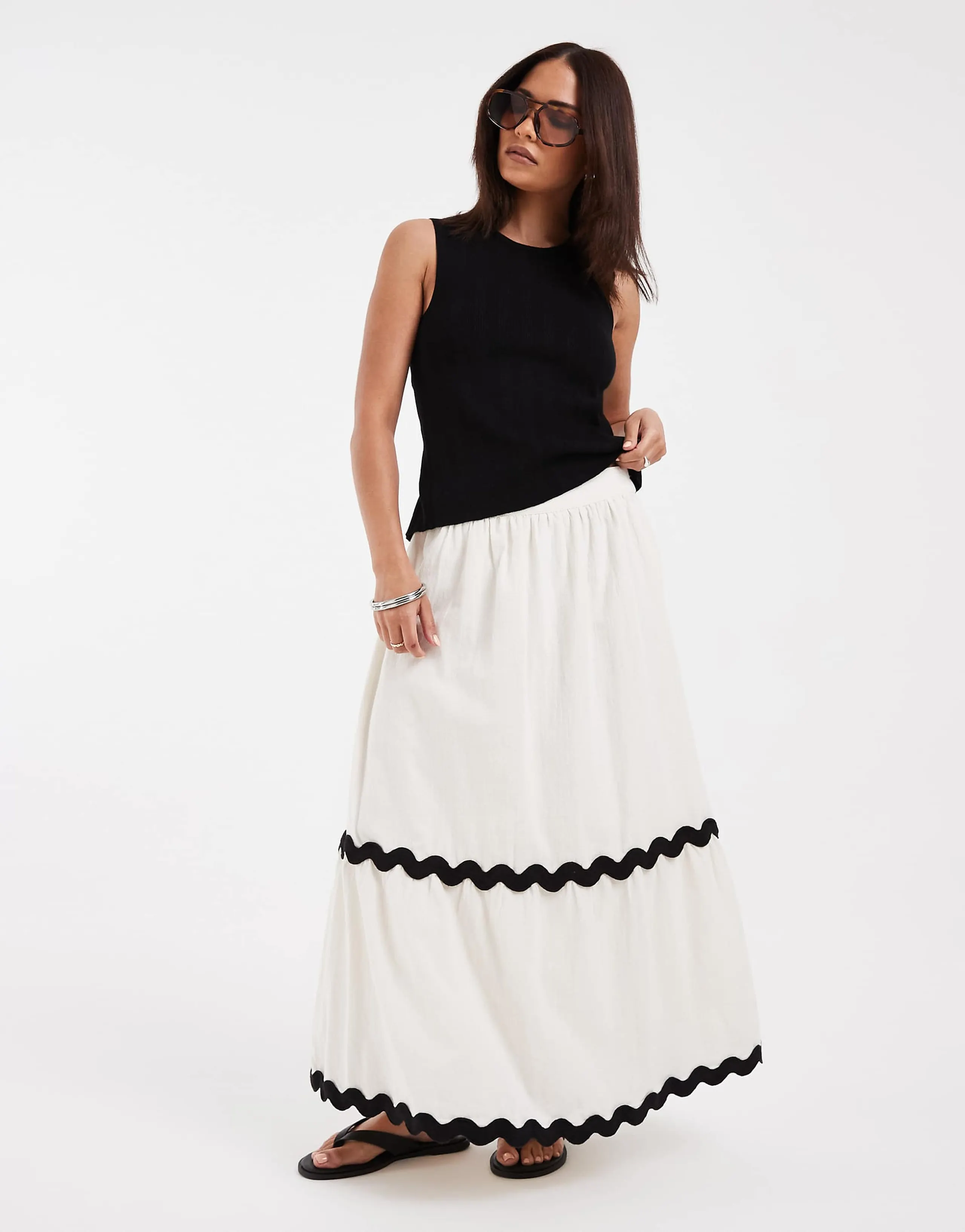 Vero Moda Petite full tiered maxi skirt with contrast scallop trim in cream