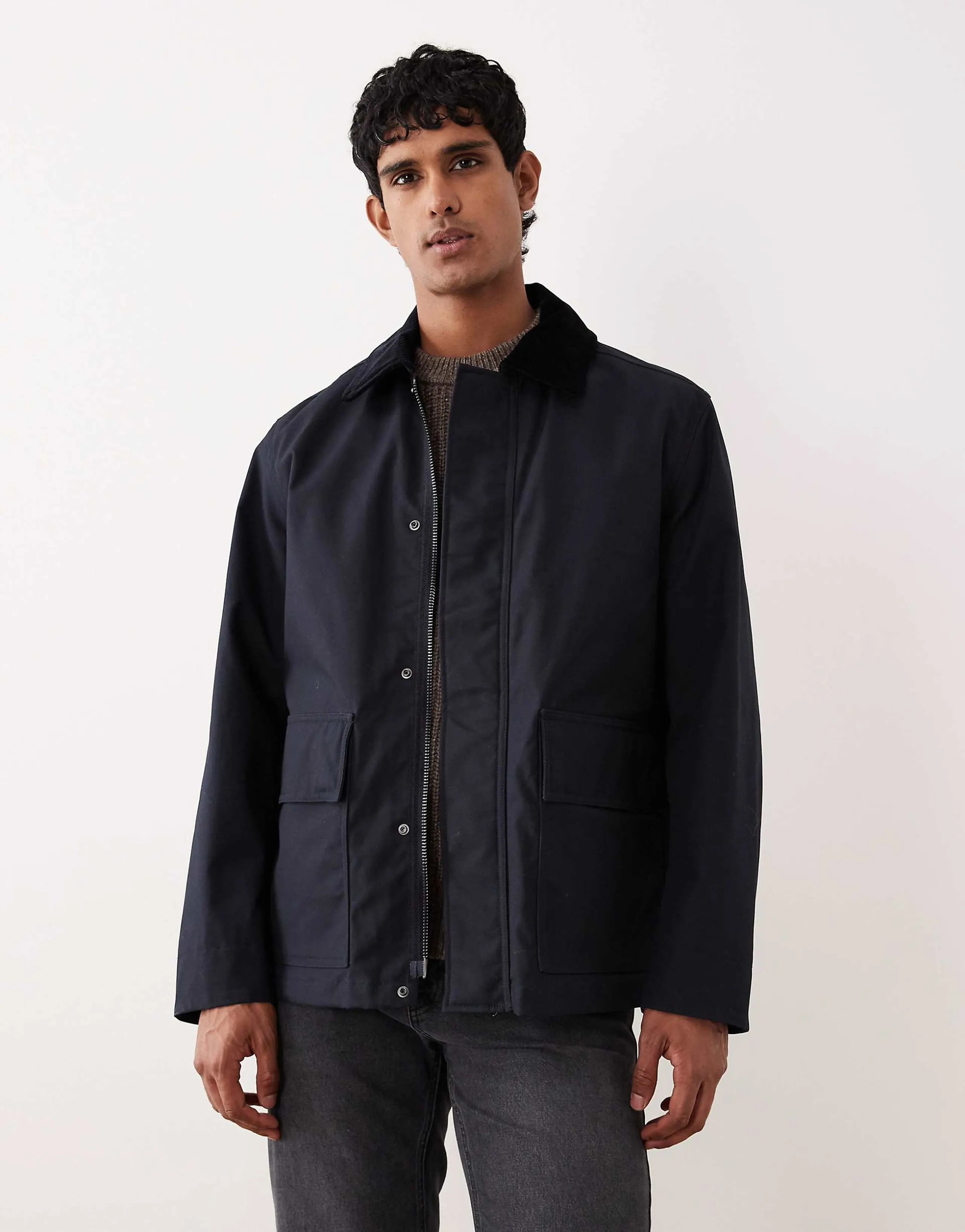 ARKET waxed cotton jacket with contrast cord collar in navy blue
