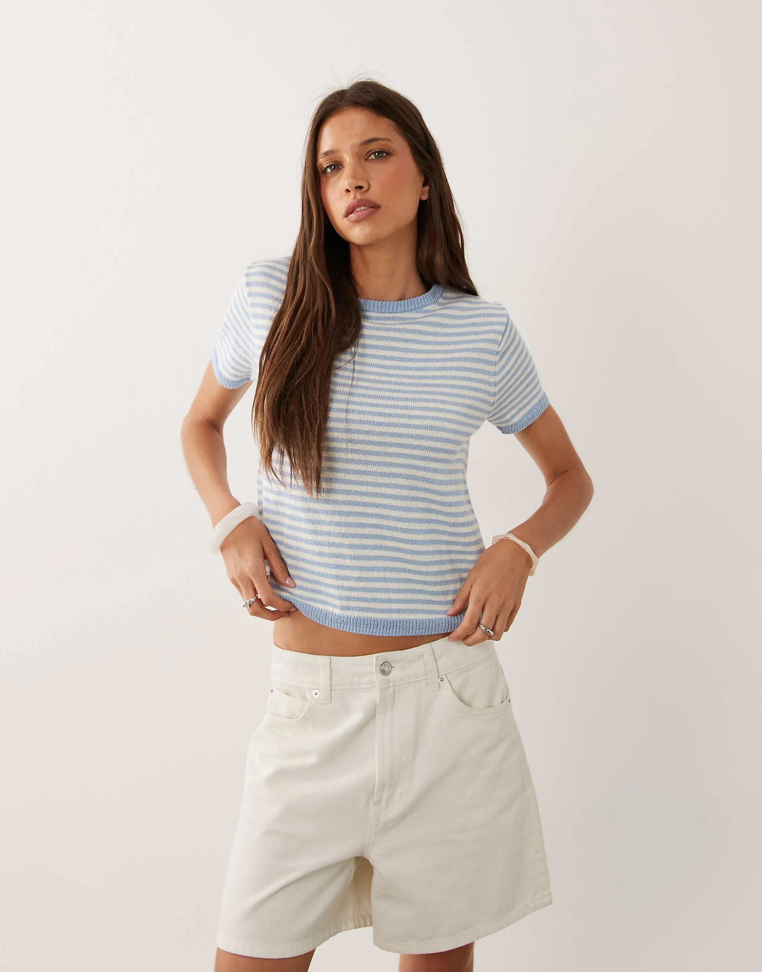 Mango cotton rich short sleeve knit top in pastel blue stripes