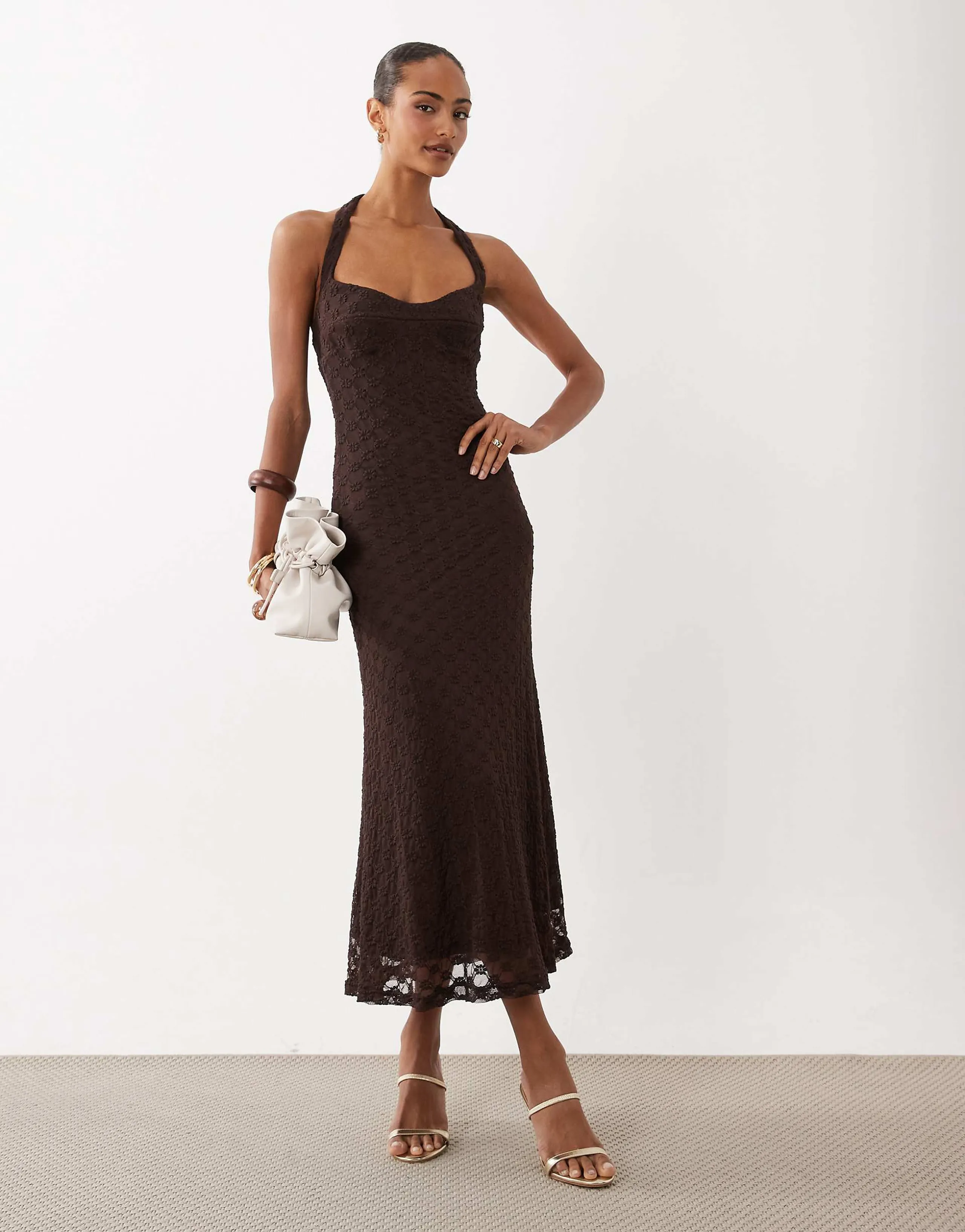 Bardot Mariko halter neck floral embroidered lace cotton blend midaxi dress in dark chocolate