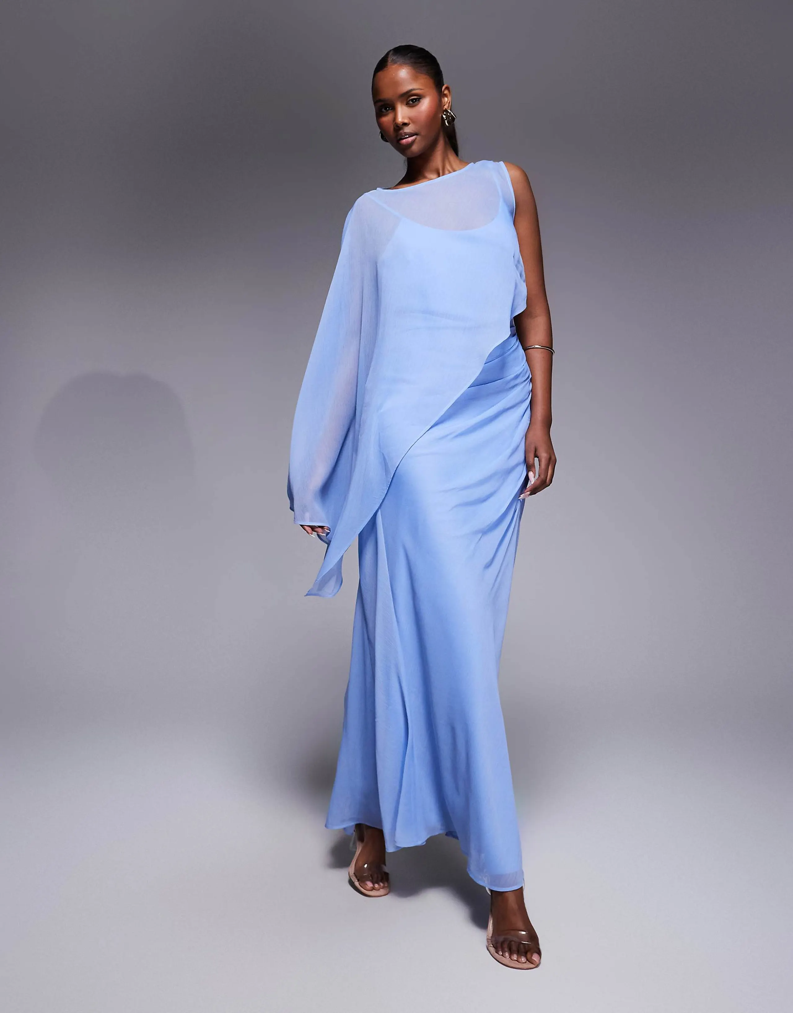 ASOS DESIGN asymmetric draped one batwing sleeve maxi dress in light blue