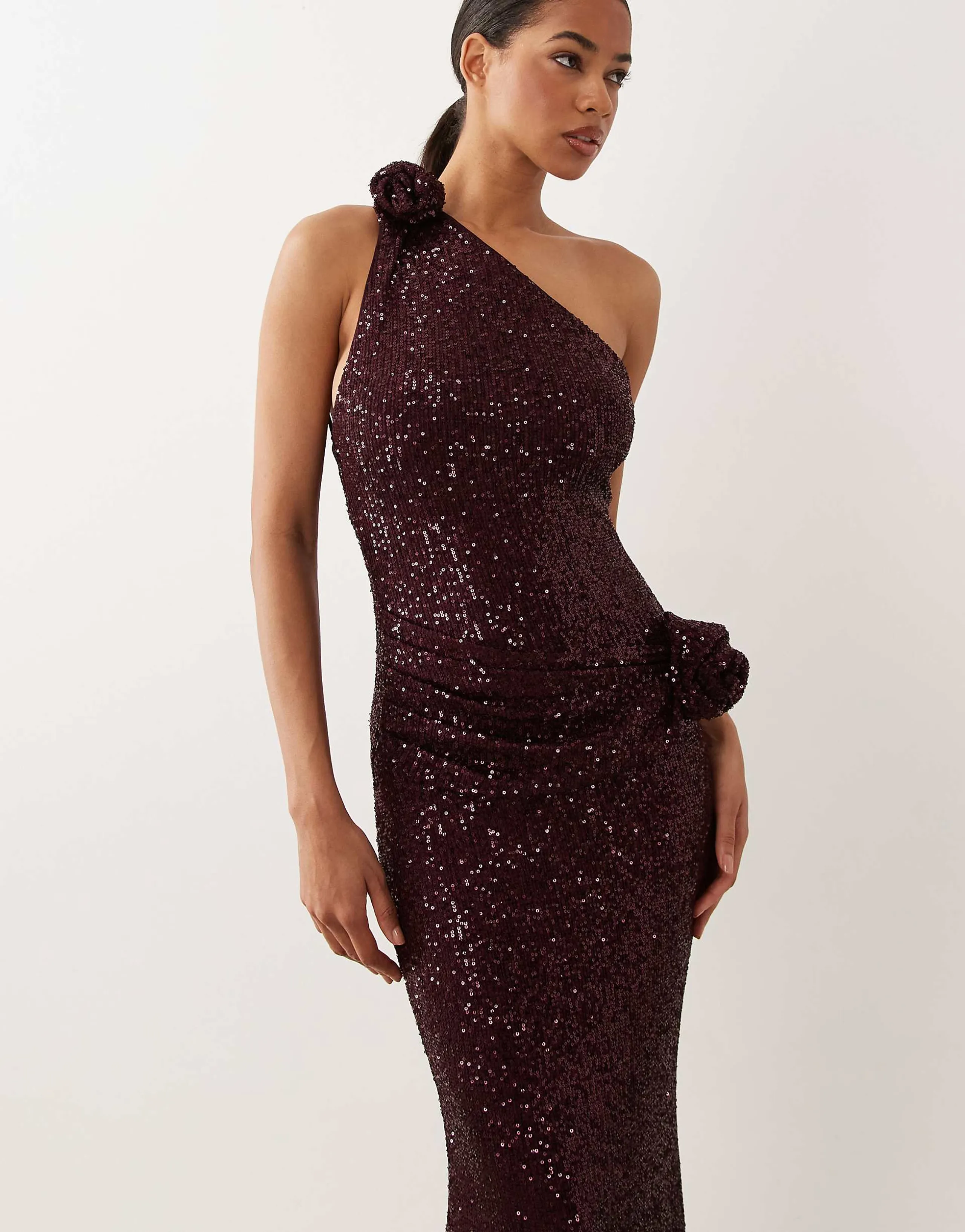 ASOS DESIGN one shoulder sheet sequin midi dress with swirled corsage details in berry