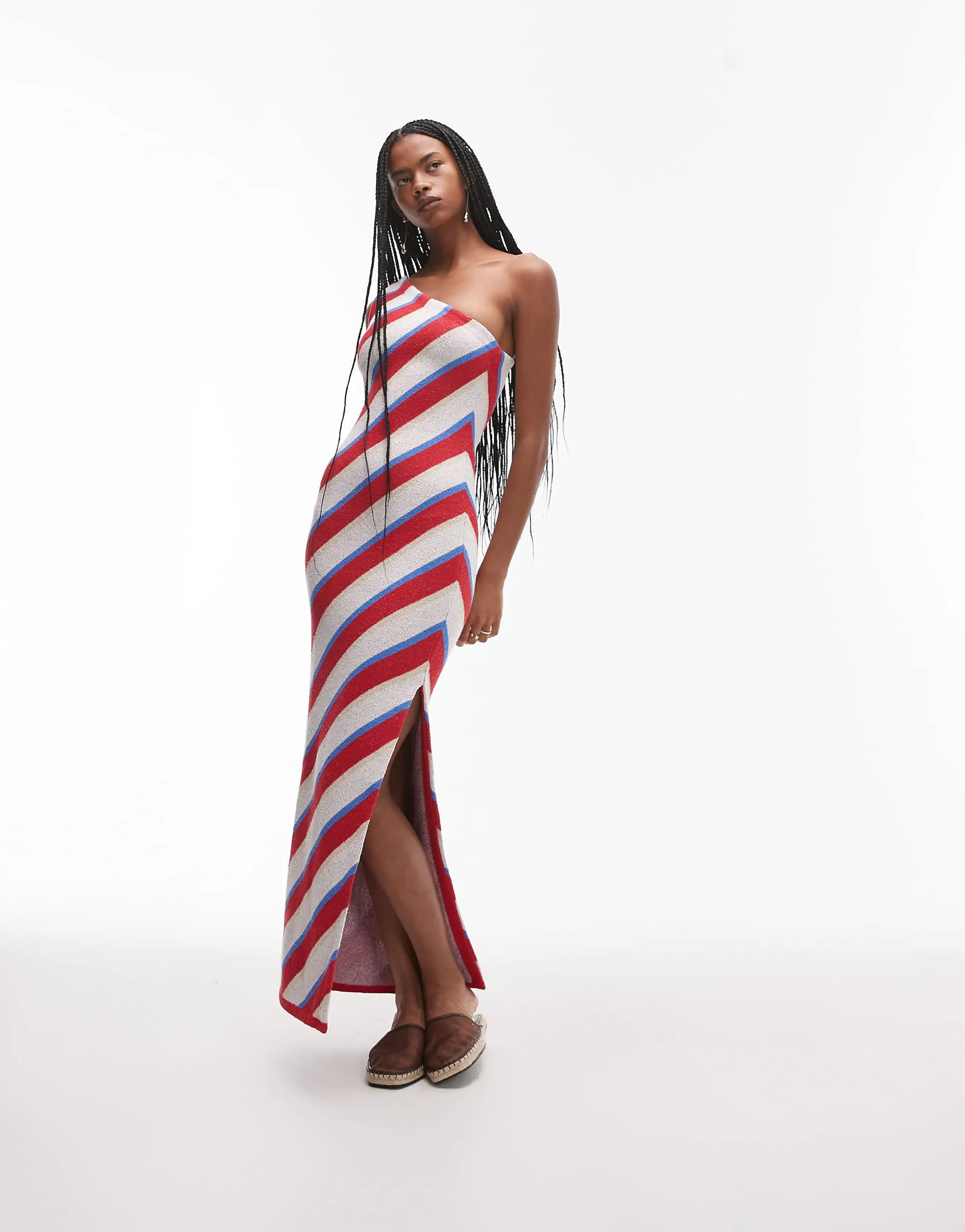 Topshop knitted stripe one shoulder maxi dress in multi