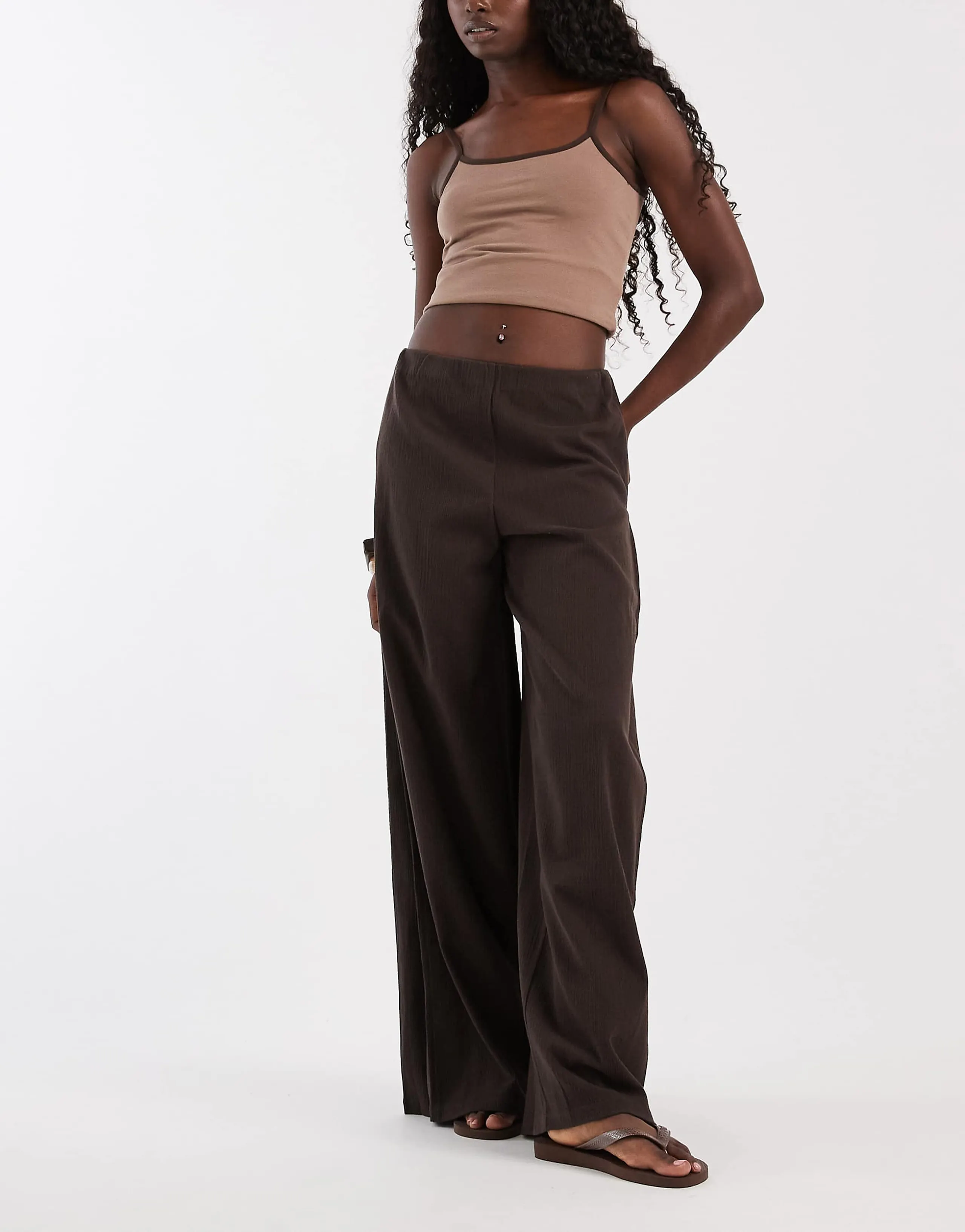 ONLY wide leg textured pants in chocolate brown