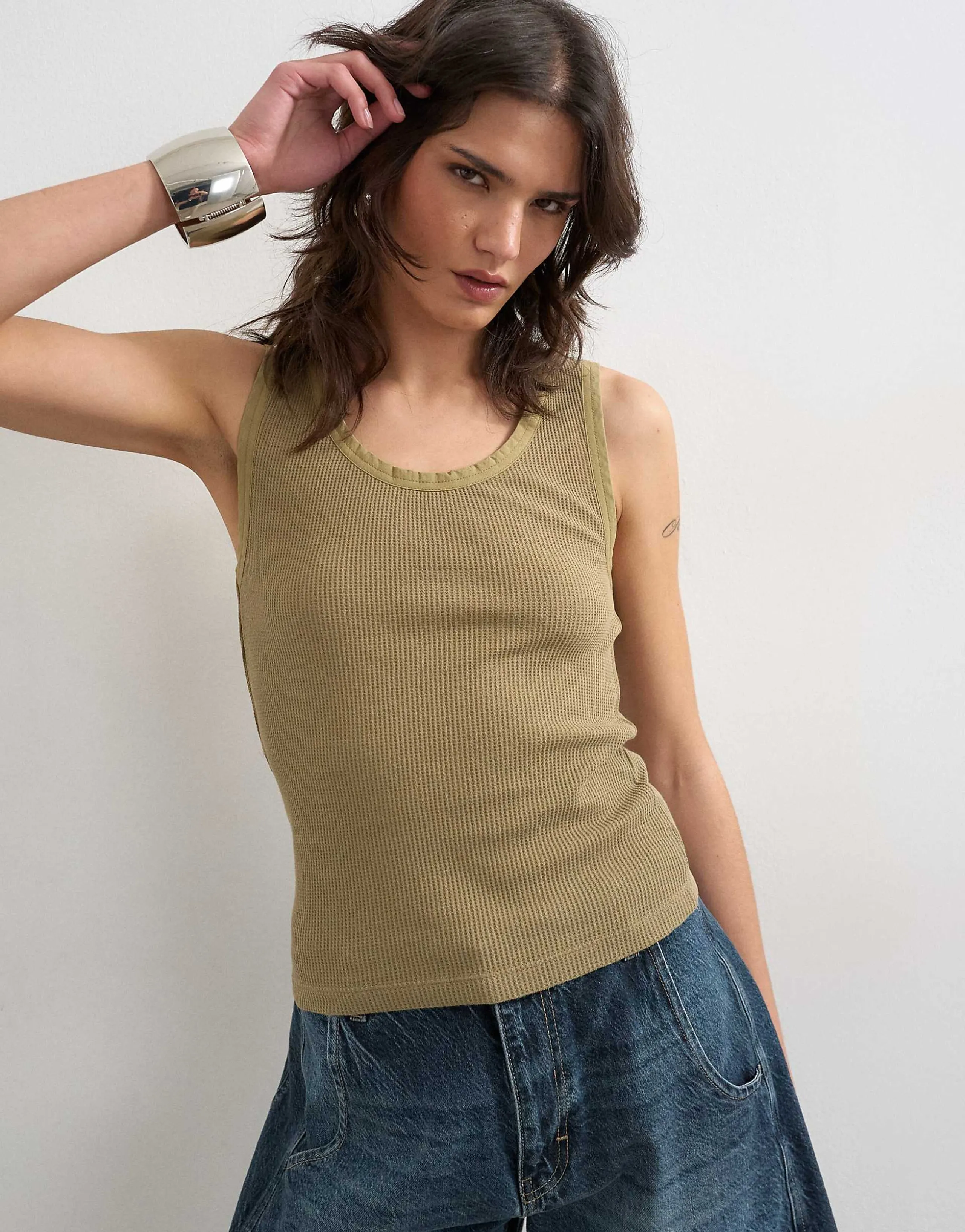Topshop washed waffle tank top with woven trim in khaki