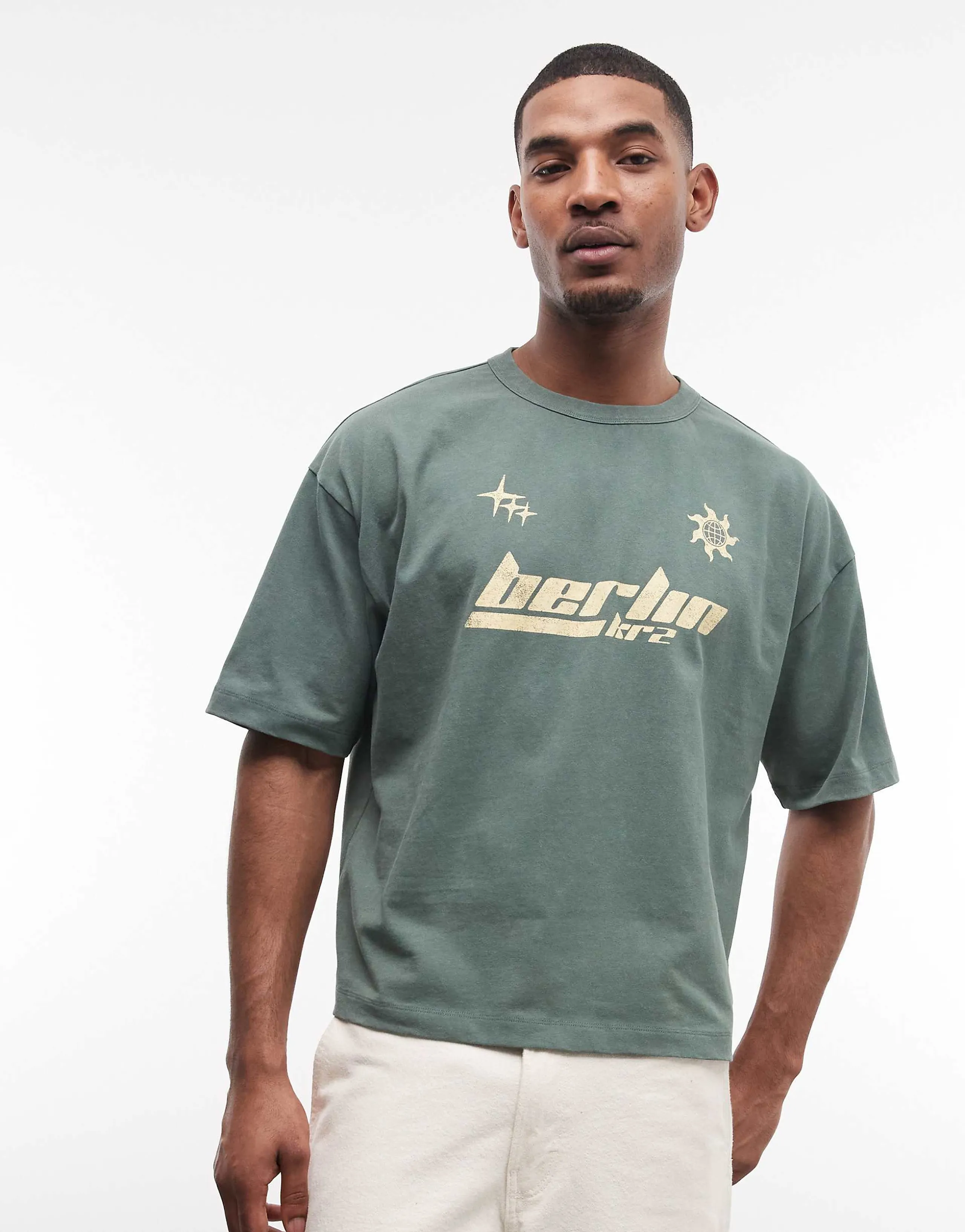 ASOS DESIGN heavyweight boxy oversized t-shirt with Berlin graphic in green wash