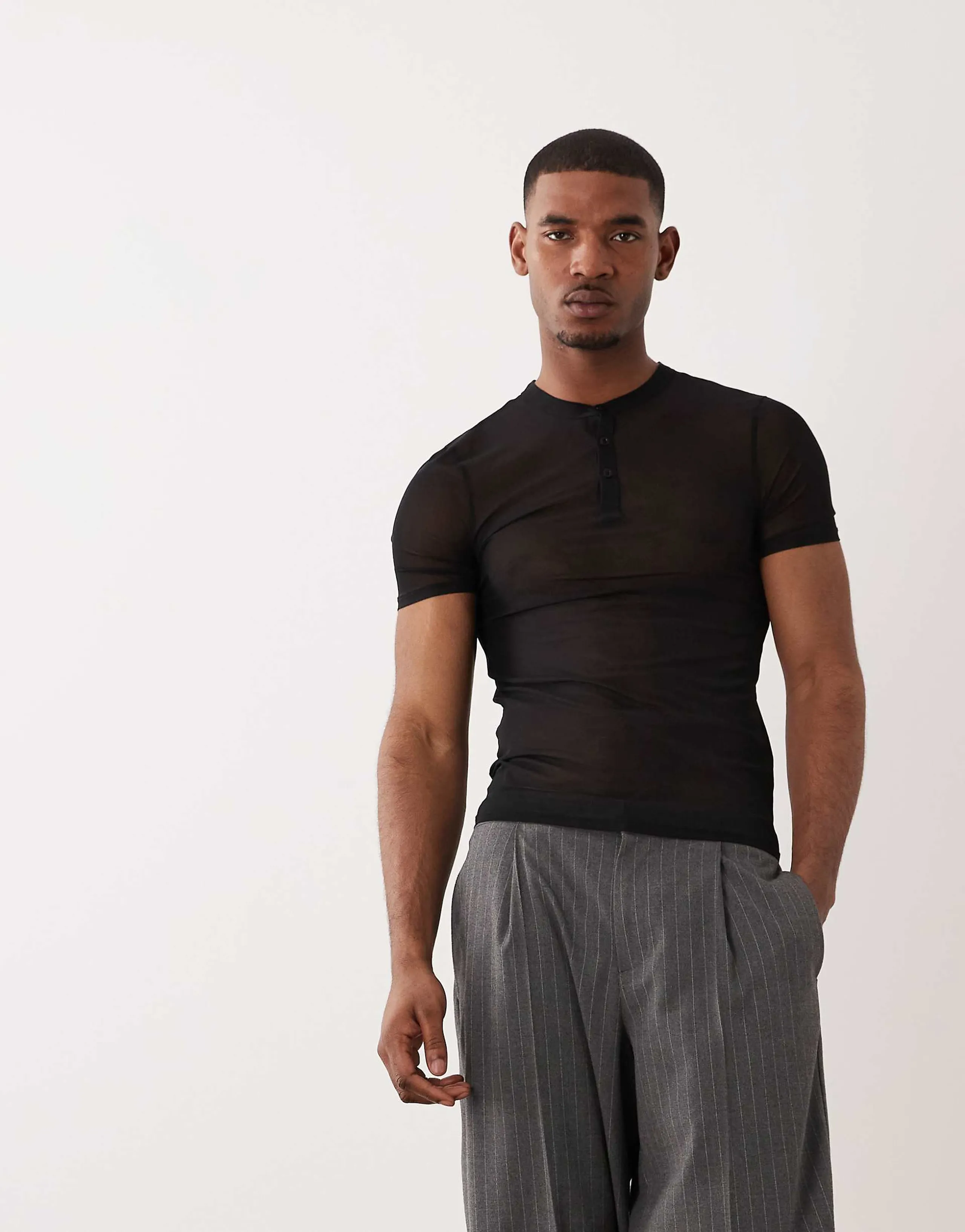 ASOS DESIGN muscle ribbed T-shirt with henley neck in black