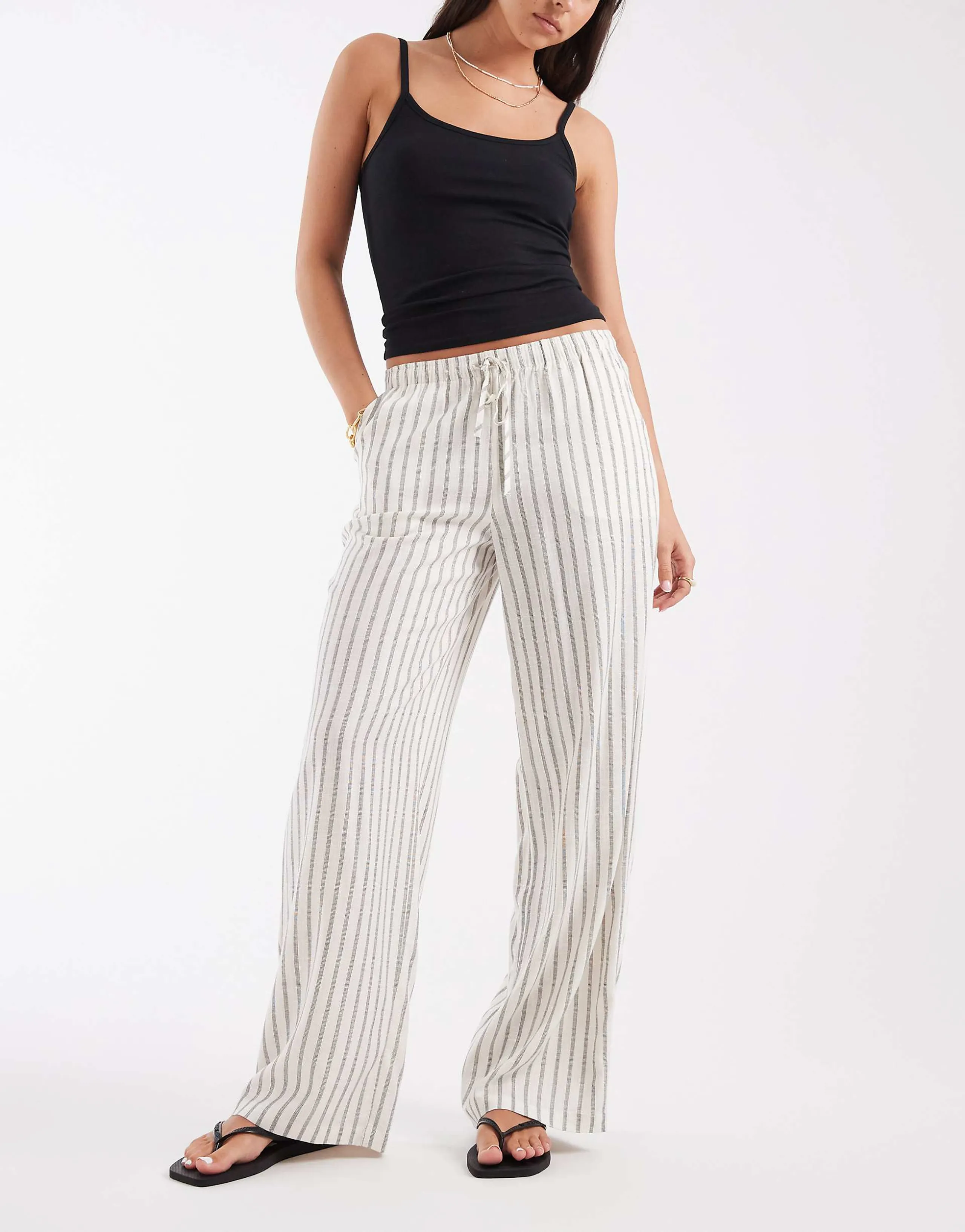Vero Moda linen touch wide leg pants with drawstring waist in cream stripe