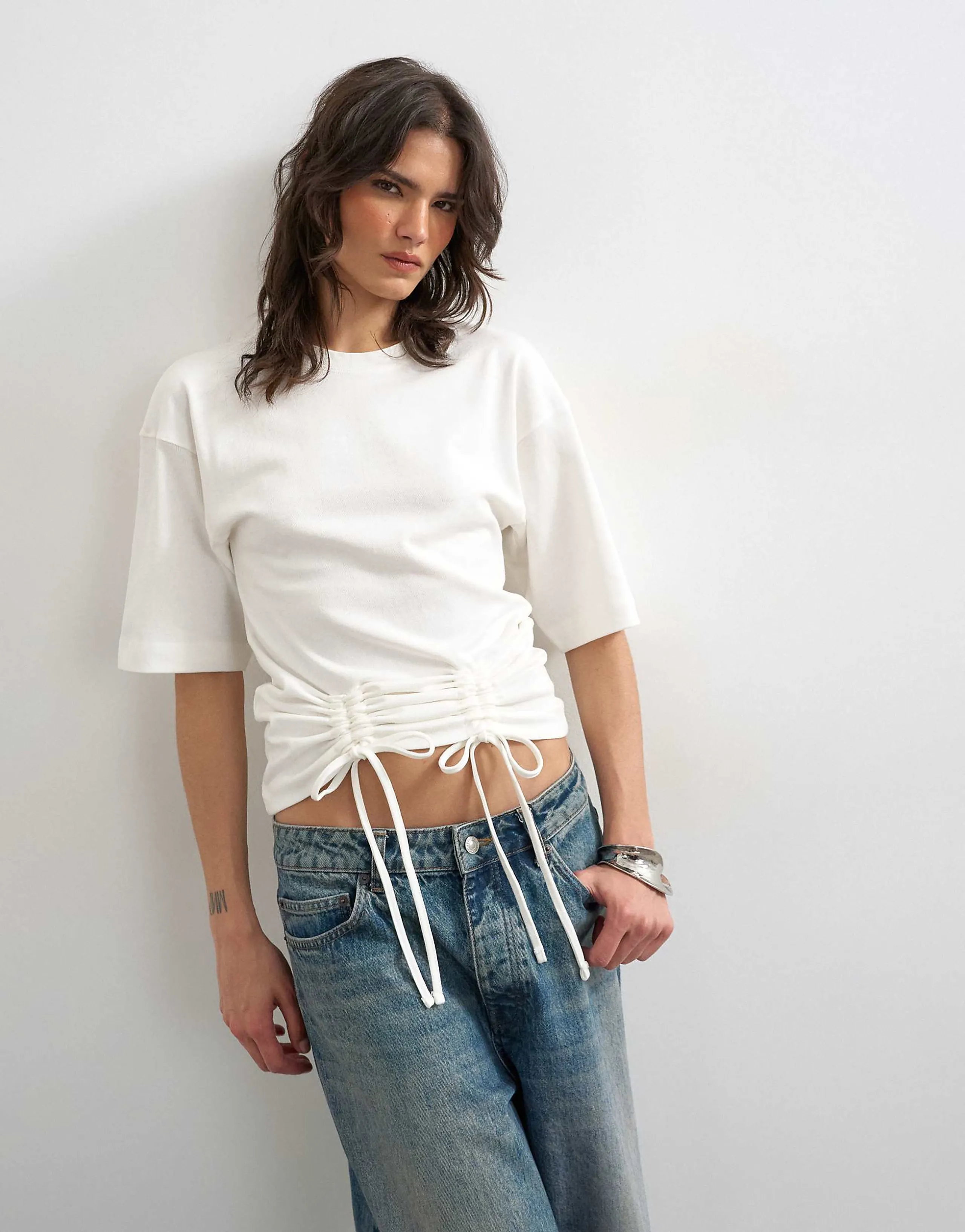 Topshop drawstring detail T-shirt in ivory