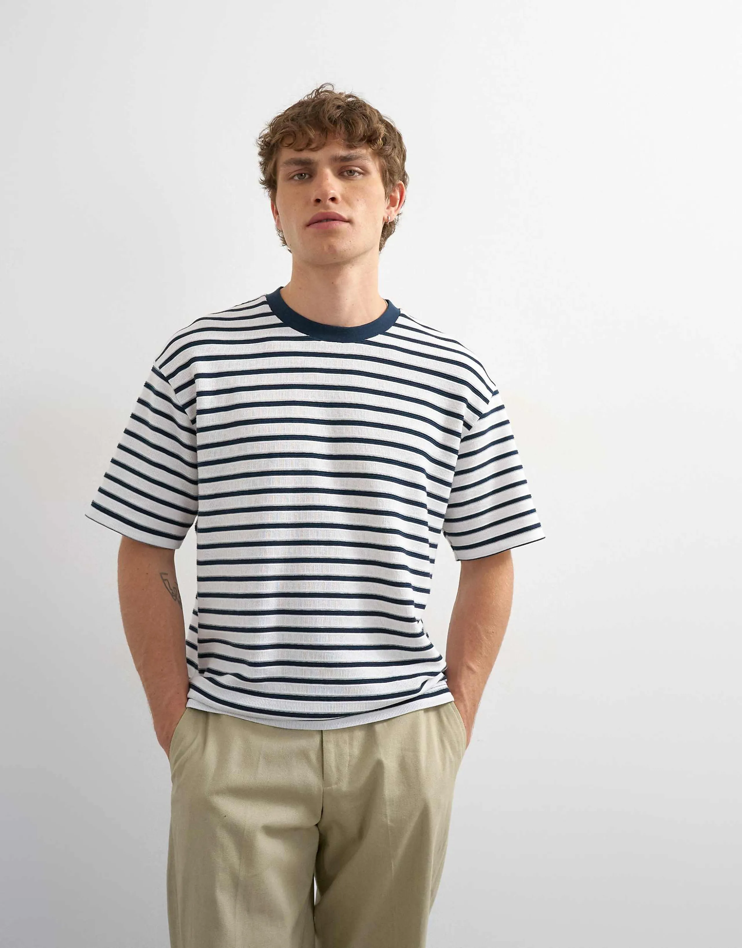 Topman relaxed fit textured t-shirt with breton stripes in navy