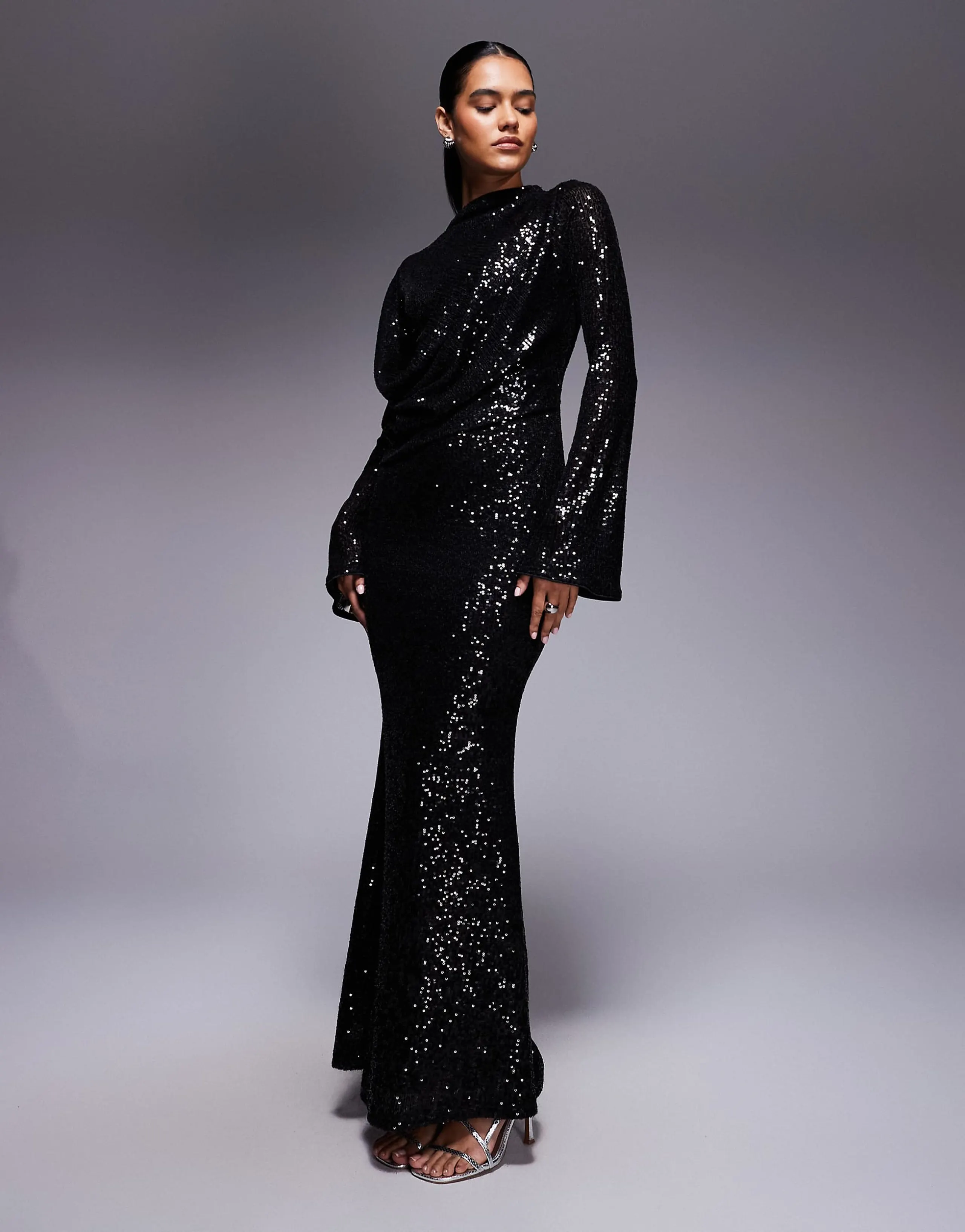 ASOS DESIGN all-over sequin long sleeve wrap front detail maxi dress in black