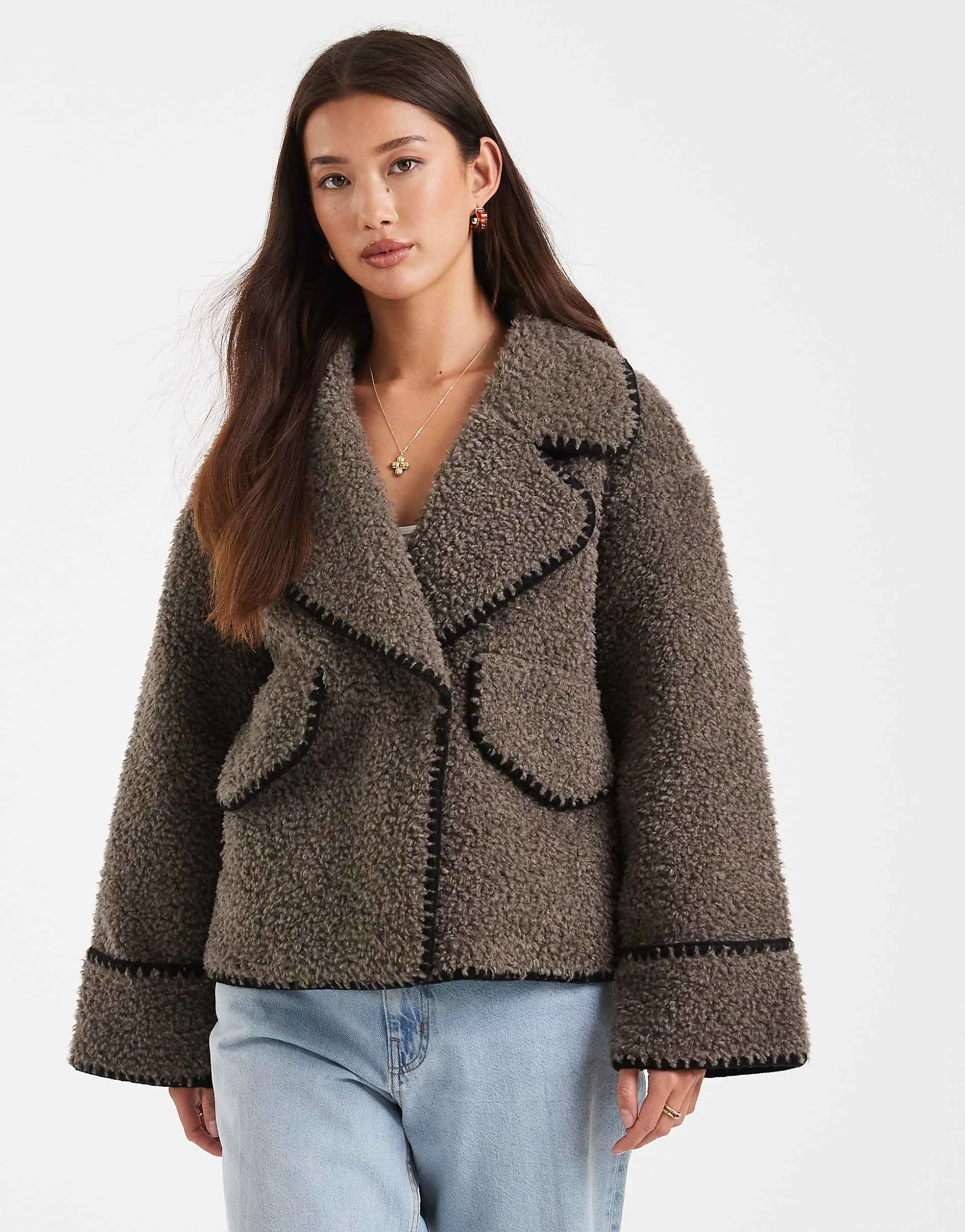 Object borg teddy aviator jacket with contrast stitch in brown