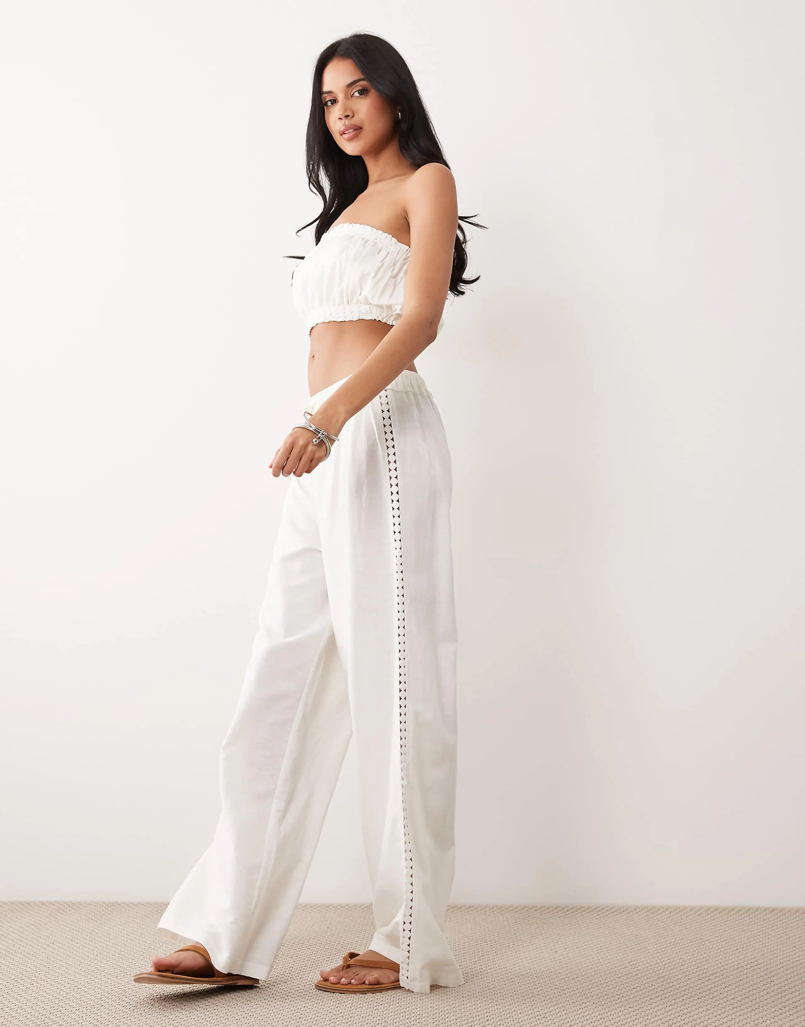 ASOS DESIGN crochet insert wide leg pants with tassel tie in ivory - part of a set