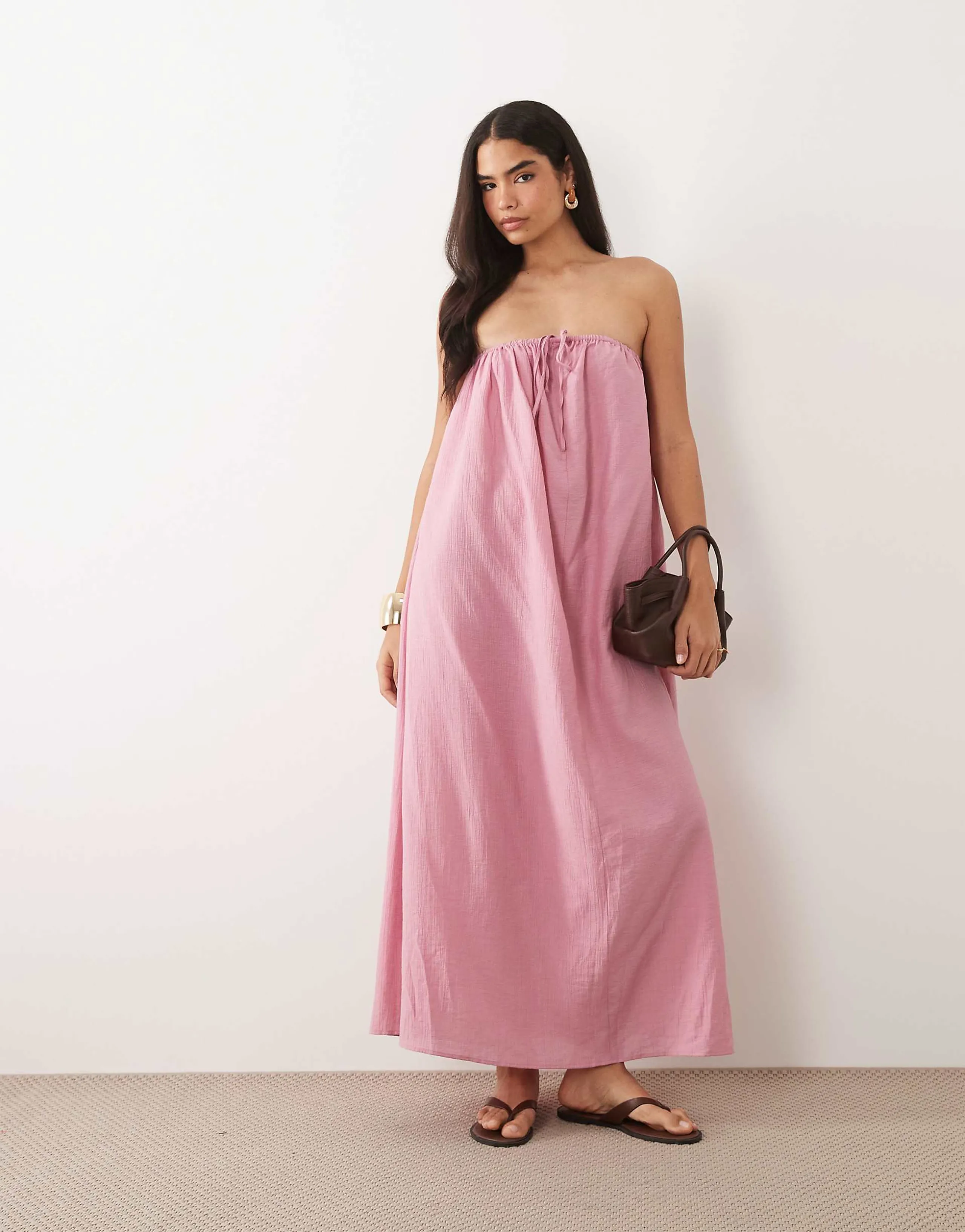 Kaiia exclusive cotton blend halterneck trapeze maxi sundress in pink