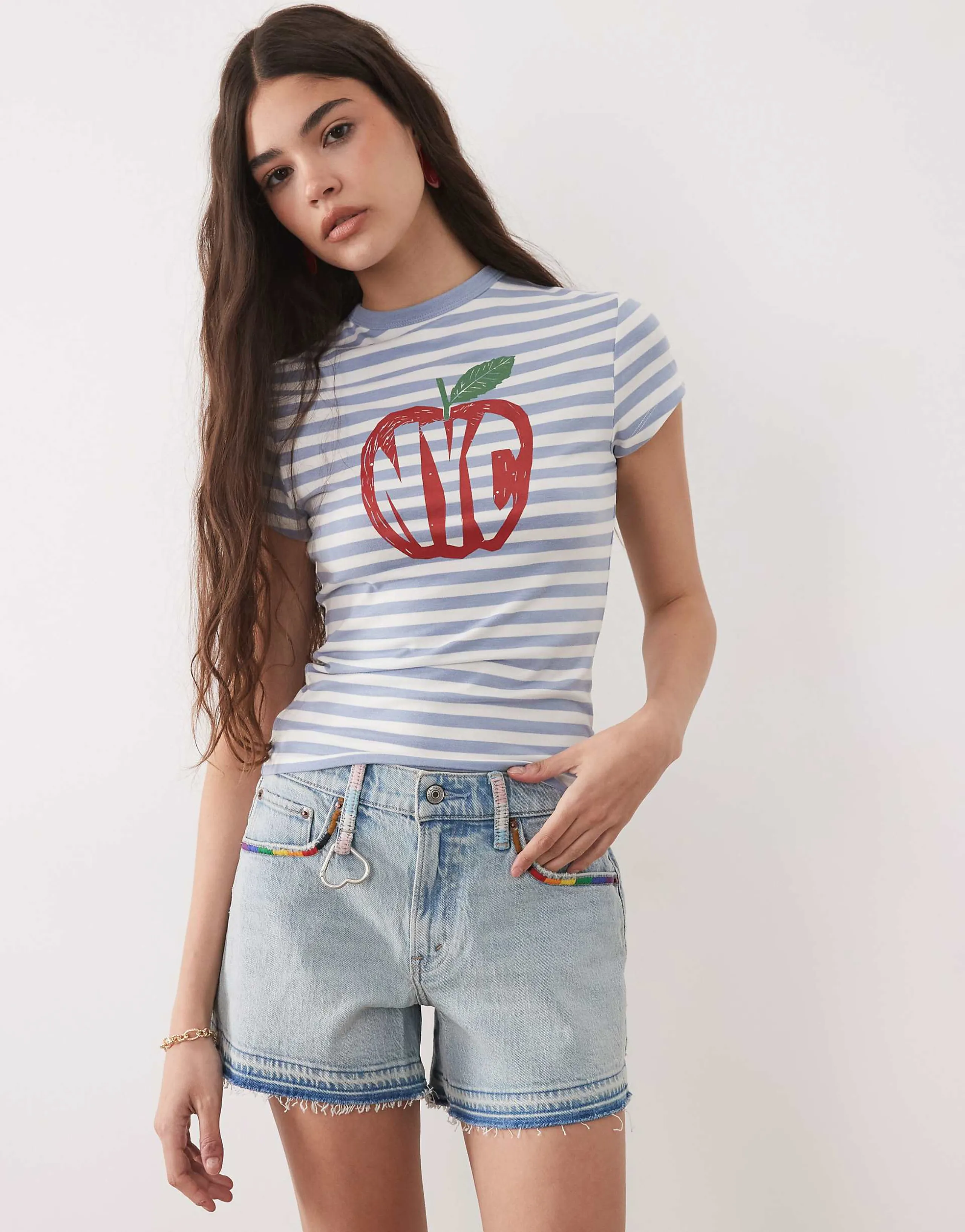 Abercrombie & Fitch mid rise A-line denim shorts with raw hem in light blue wash
