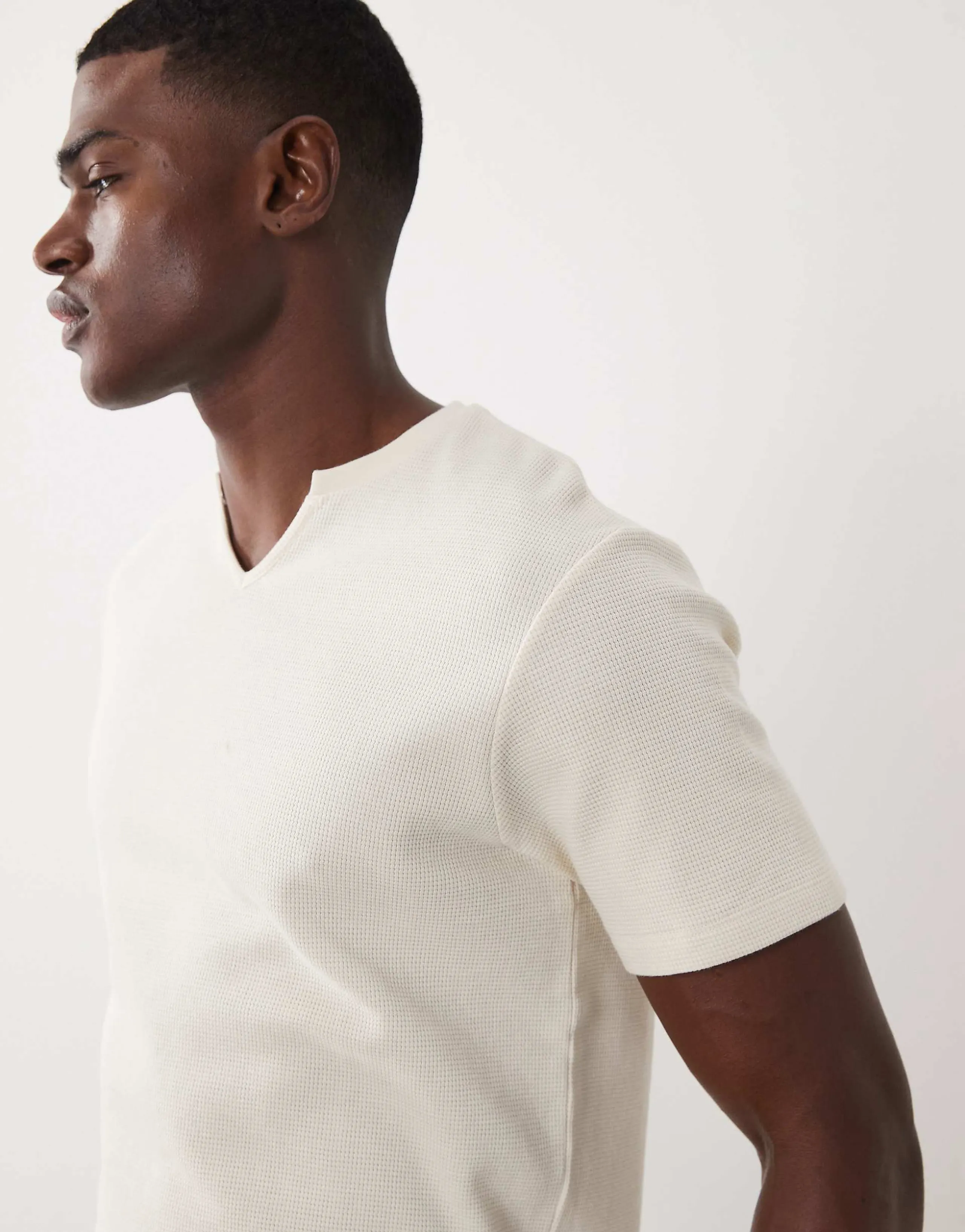 ASOS DESIGN regular fit T-shirt with notch neck in cream waffle
