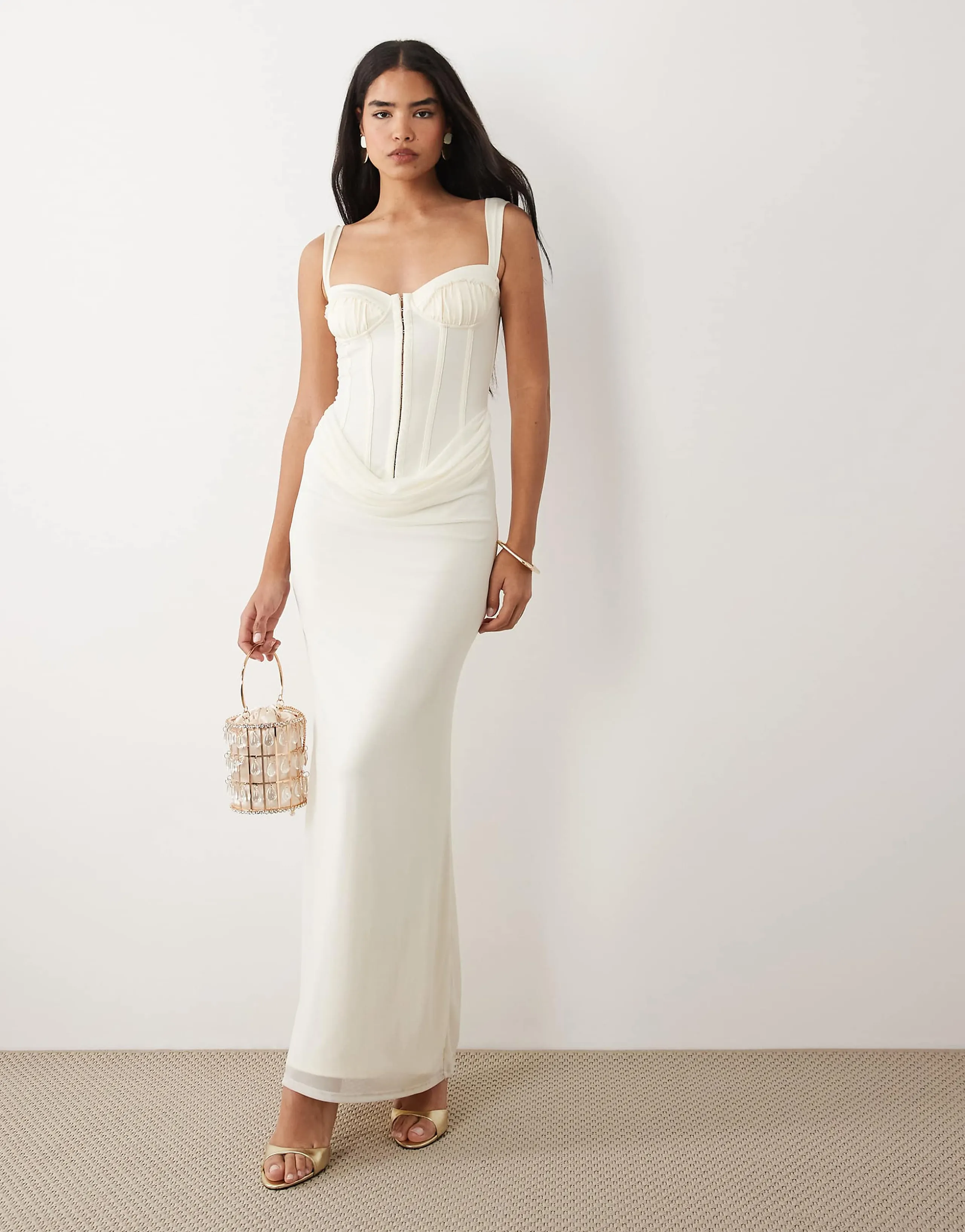 Tiger Mist Ginny corset detail drape waist maxi dress in off-white