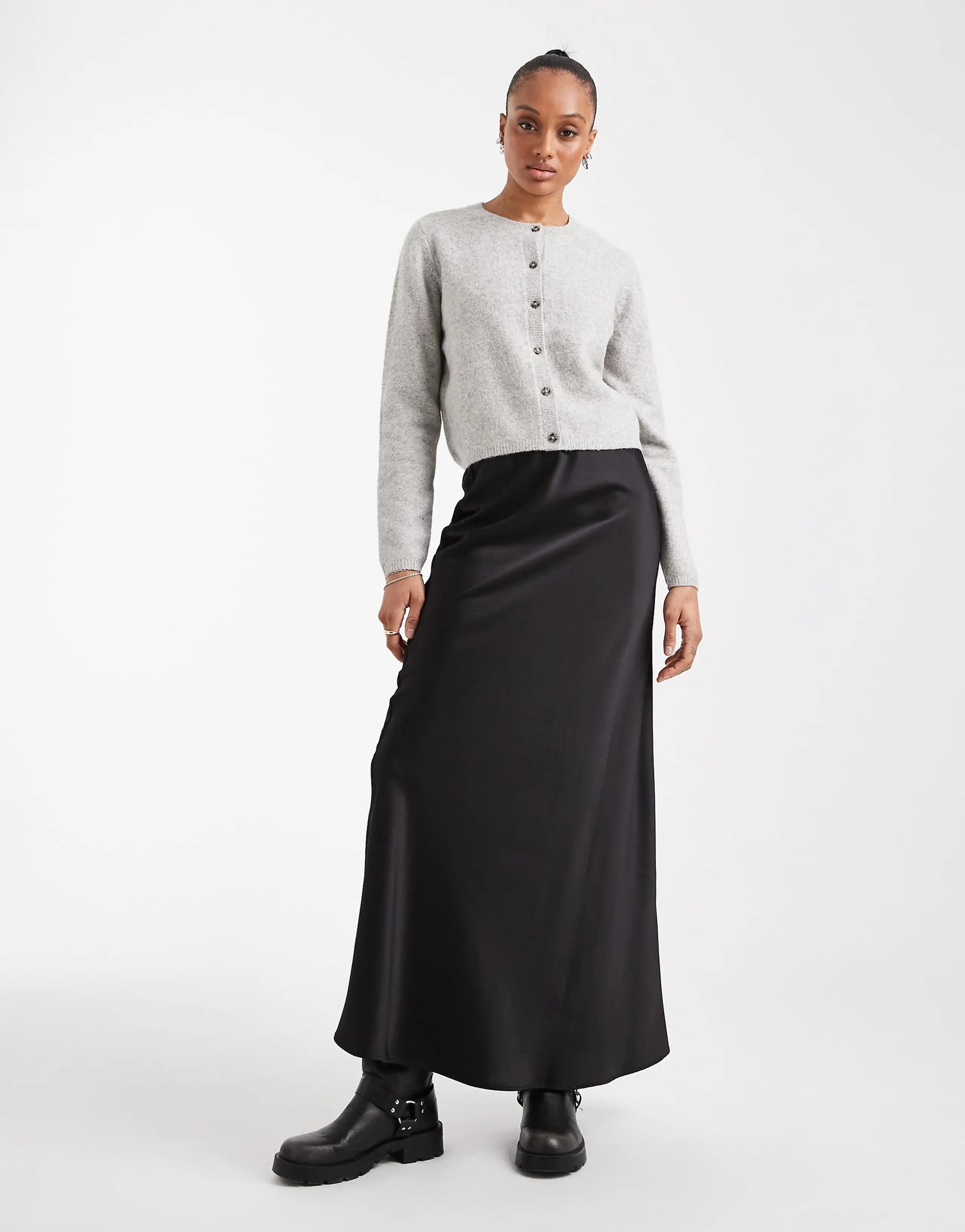 Vero Moda Tall satin bias cut midi skirt in black