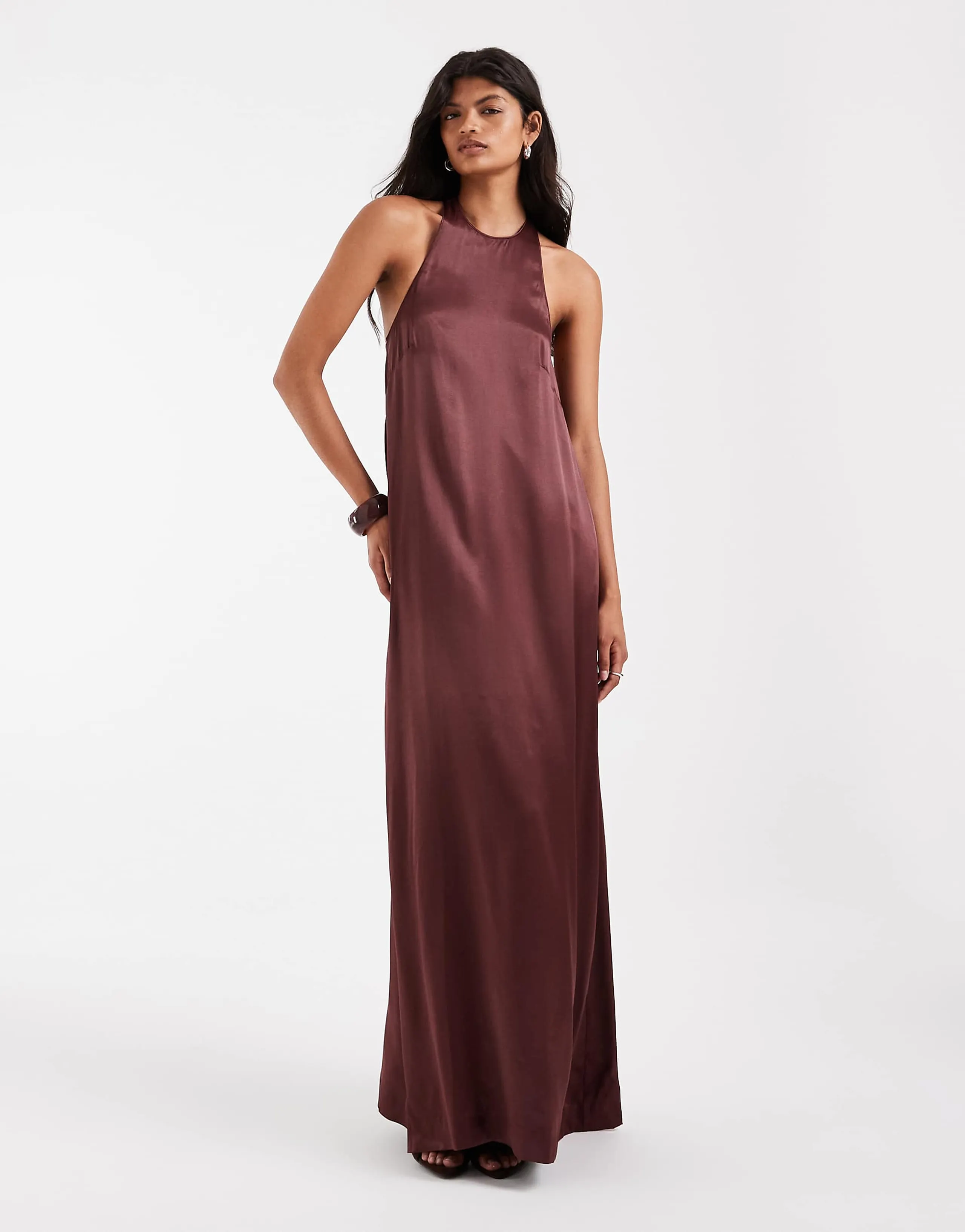 ASOS DESIGN satin racer neck maxi dress in chocolate
