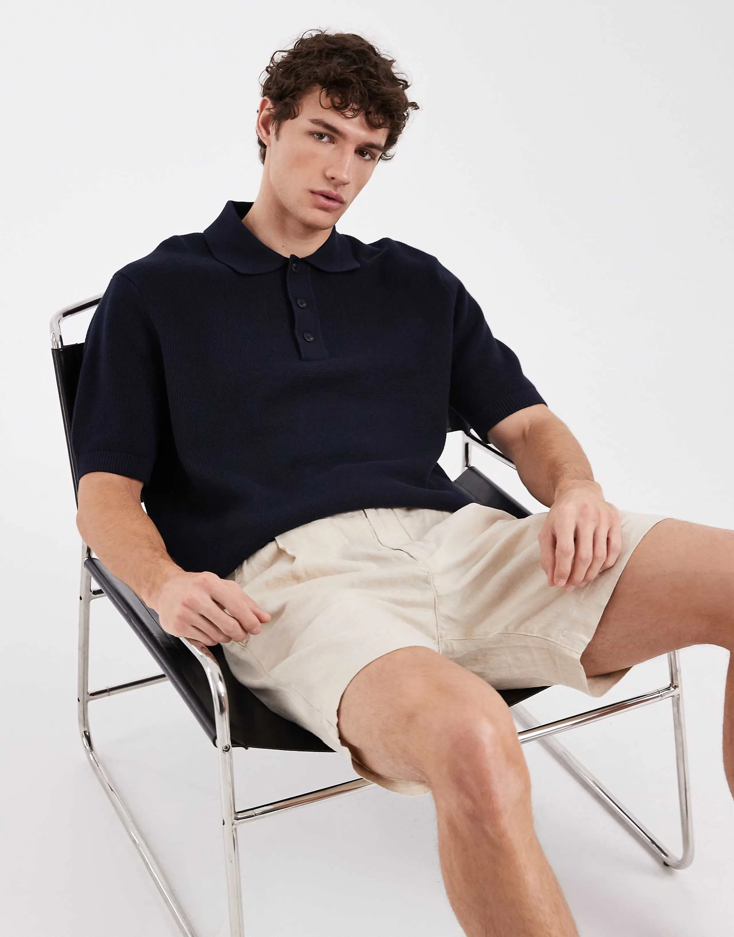 Selected 100% cotton knit polo shirt in navy 