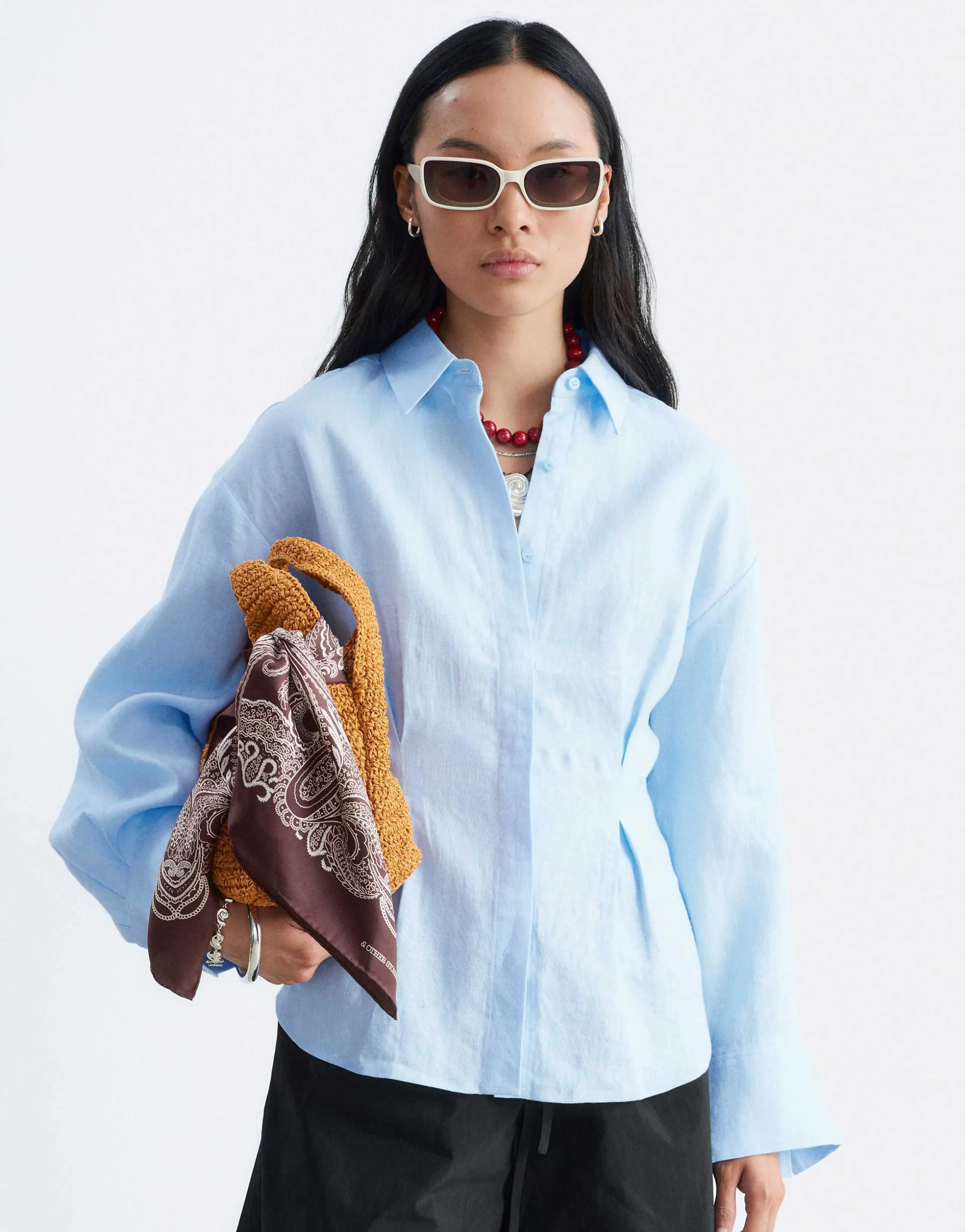 & Other Stories linen shirt with cinch waist and volume sleeves in light blue