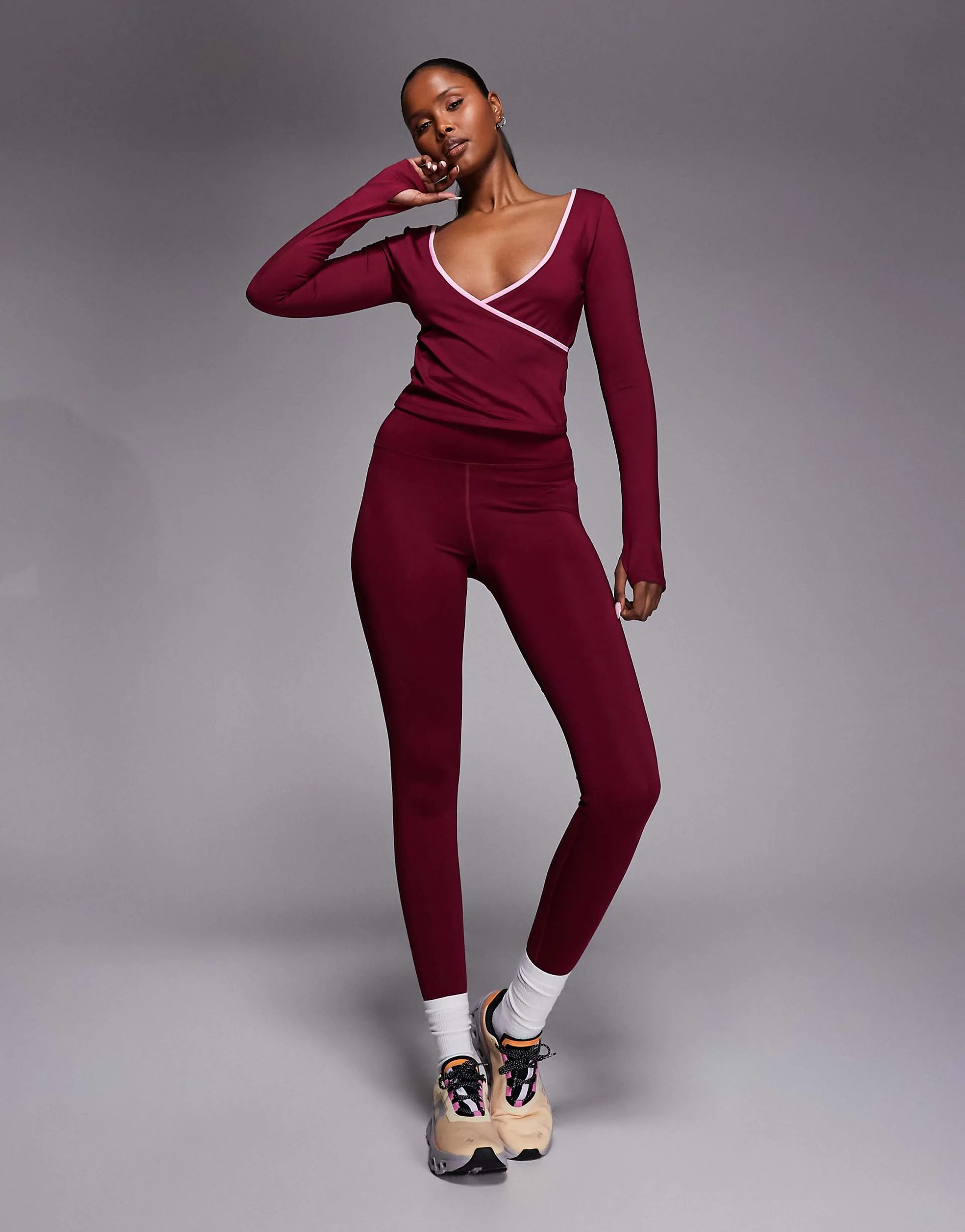 4505 Active wrap V-neck long sleeve top in cherry red