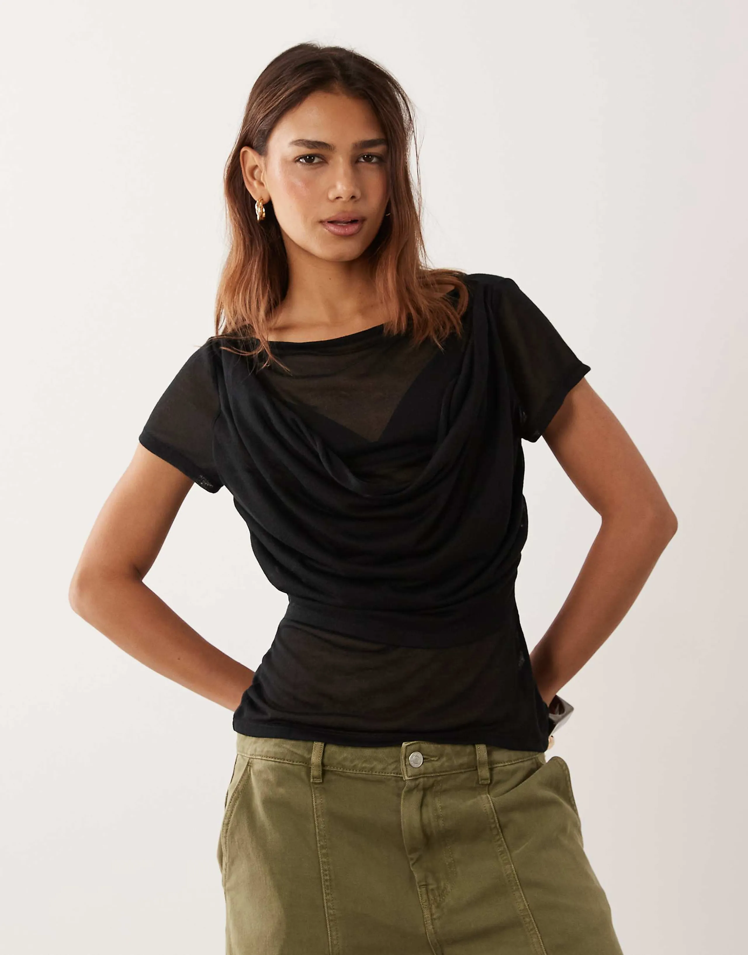 ASOS DESIGN semi sheer knit look drape overlay top in black