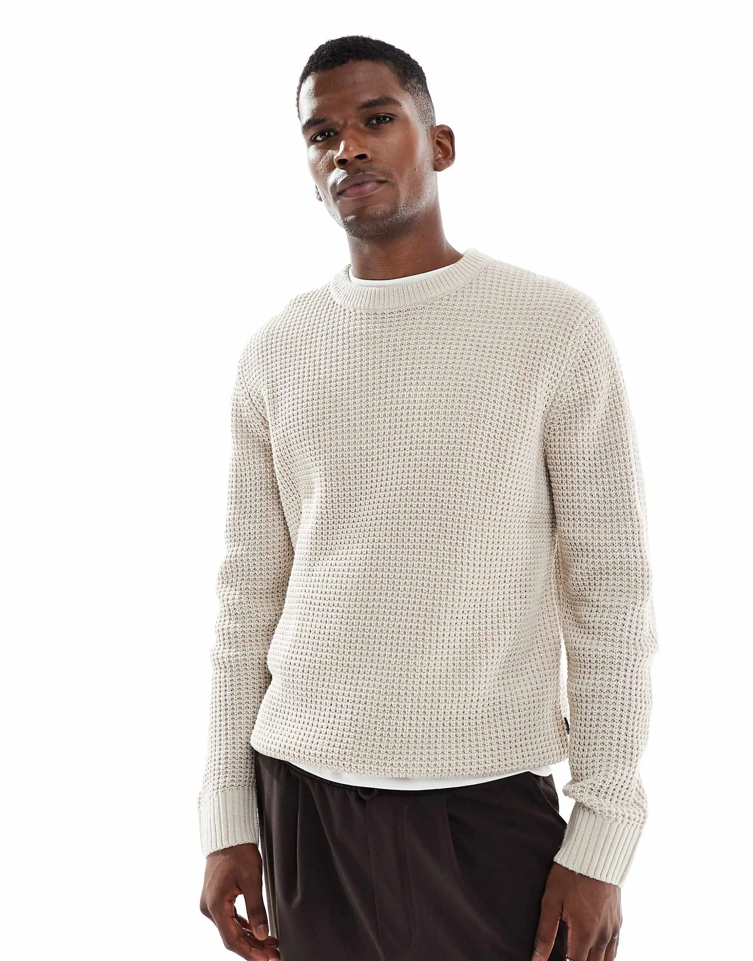 Jack & Jones waffle knit sweater in cream