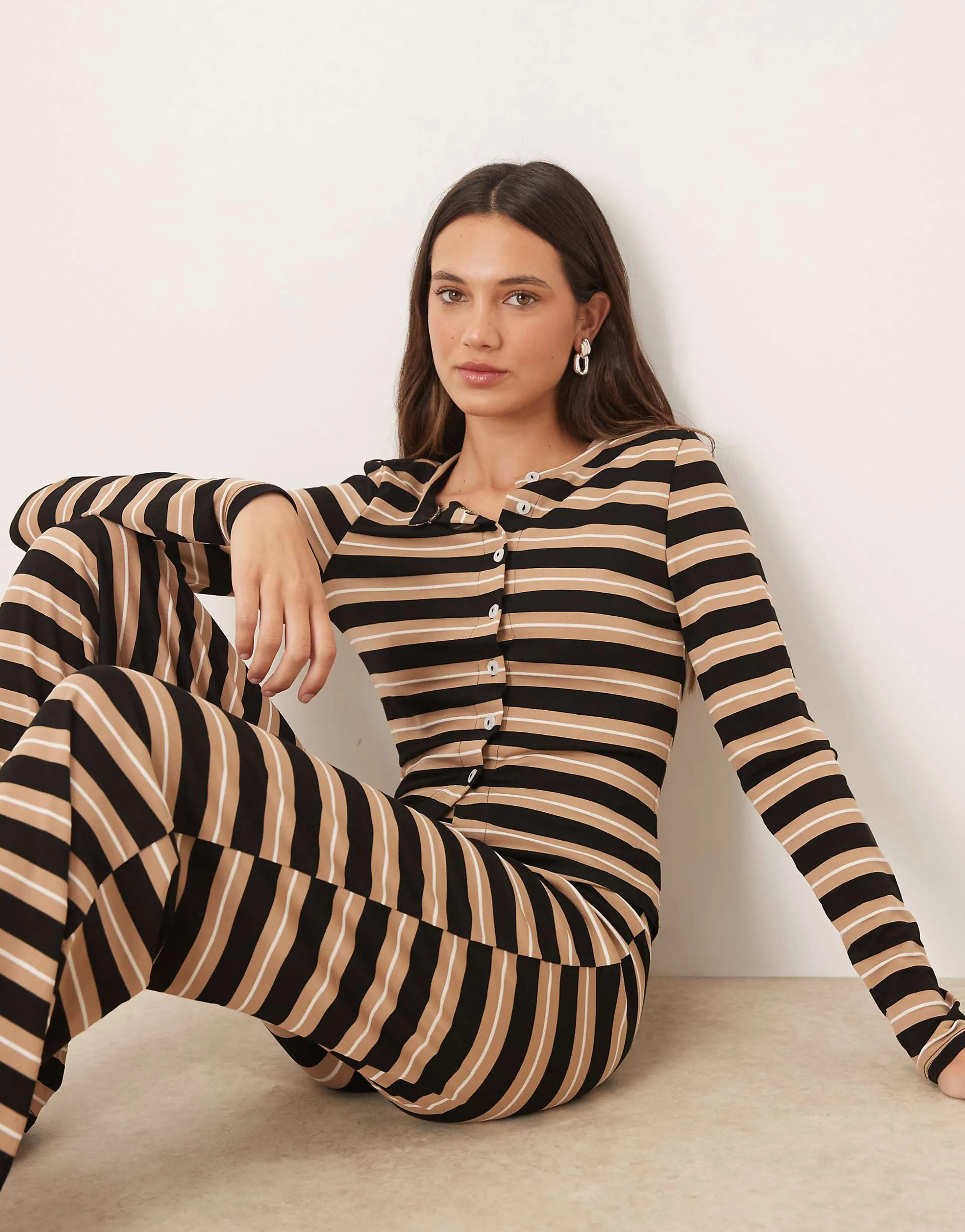 ASOS DESIGN button up long sleeve top in neutral stripes