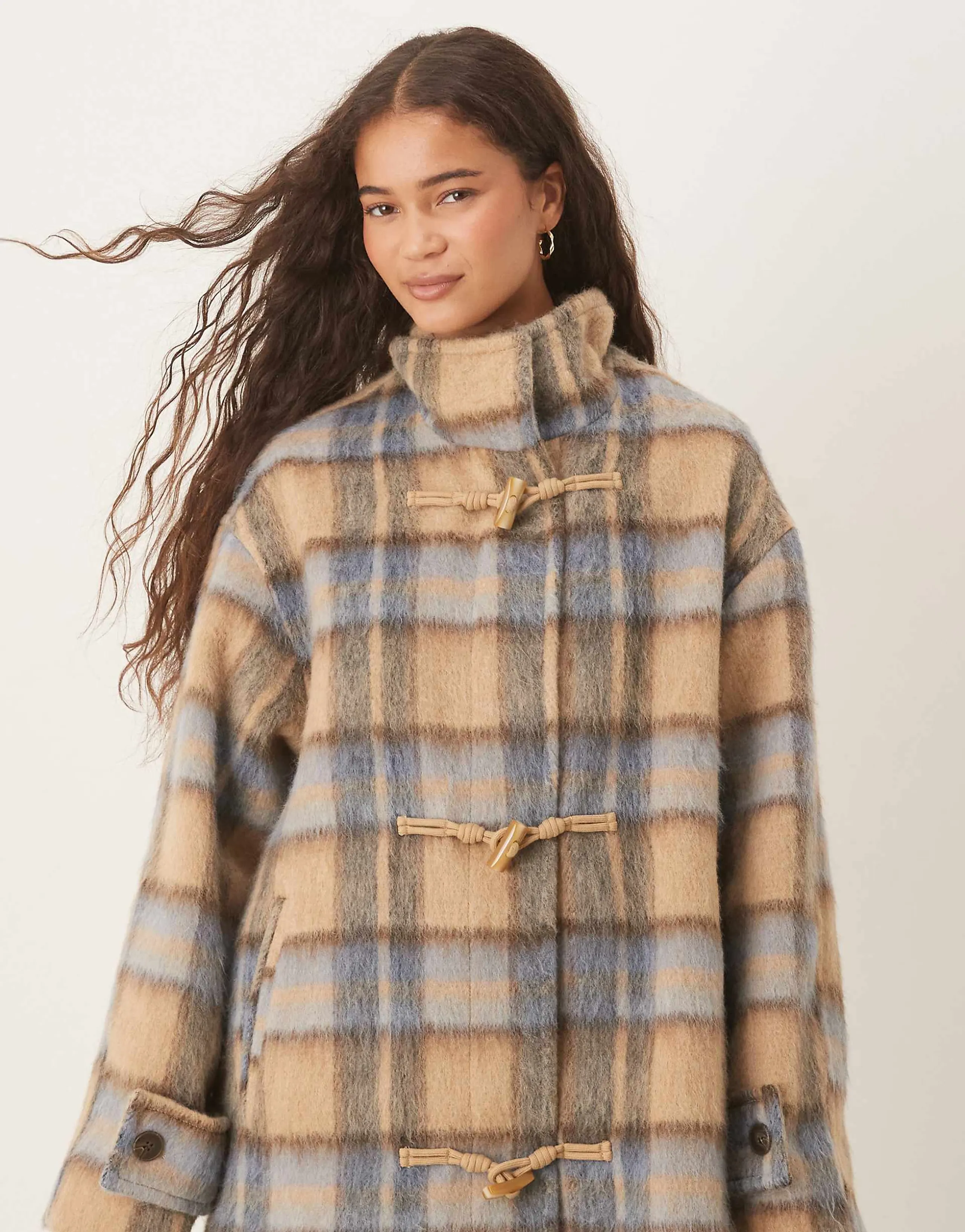 ASOS DESIGN funnel neck coat with wool and toggle detail in heritage check