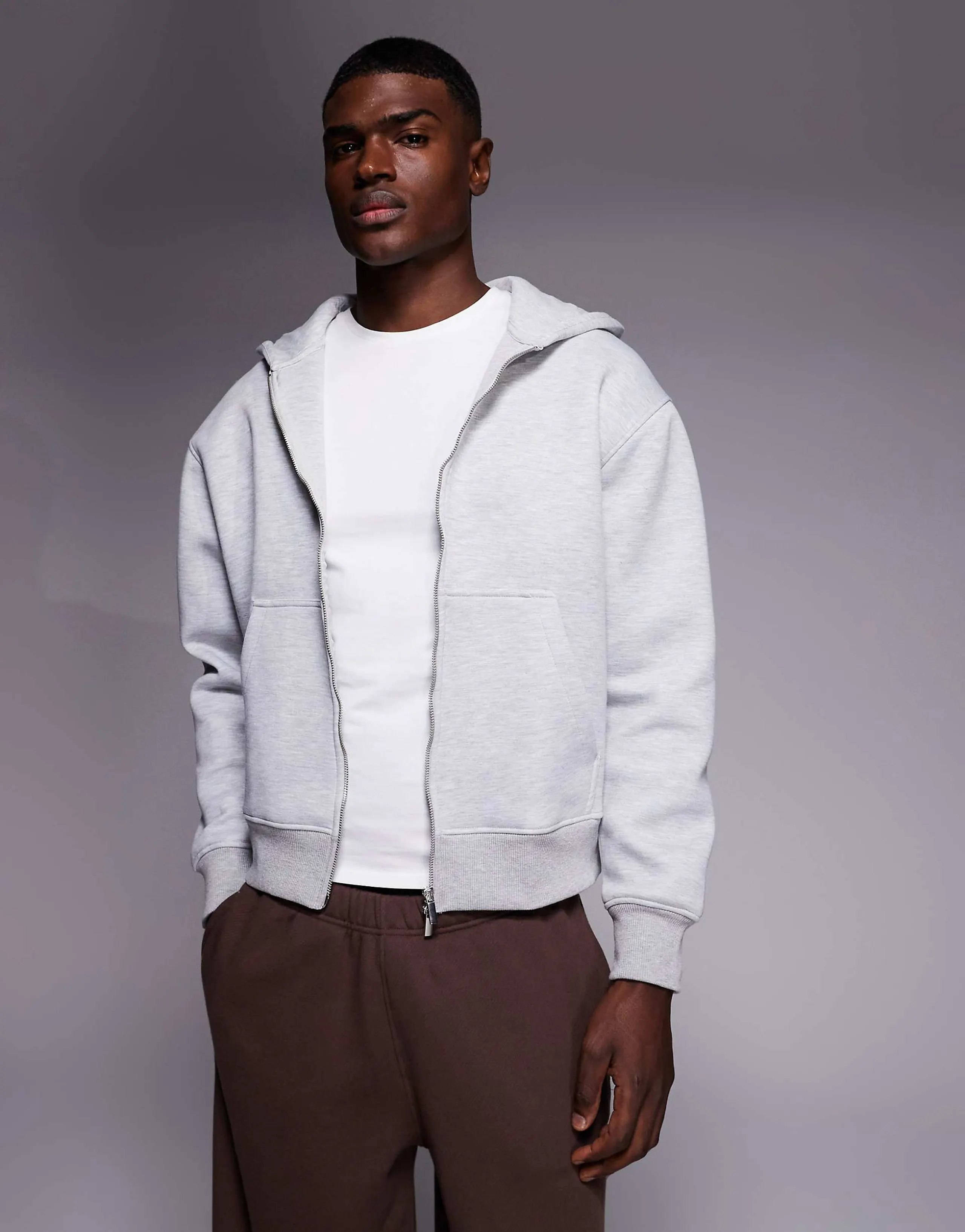 ASOS DESIGN heavyweight boxy relaxed zip up hoodie in scuba-style fabric in gray heather