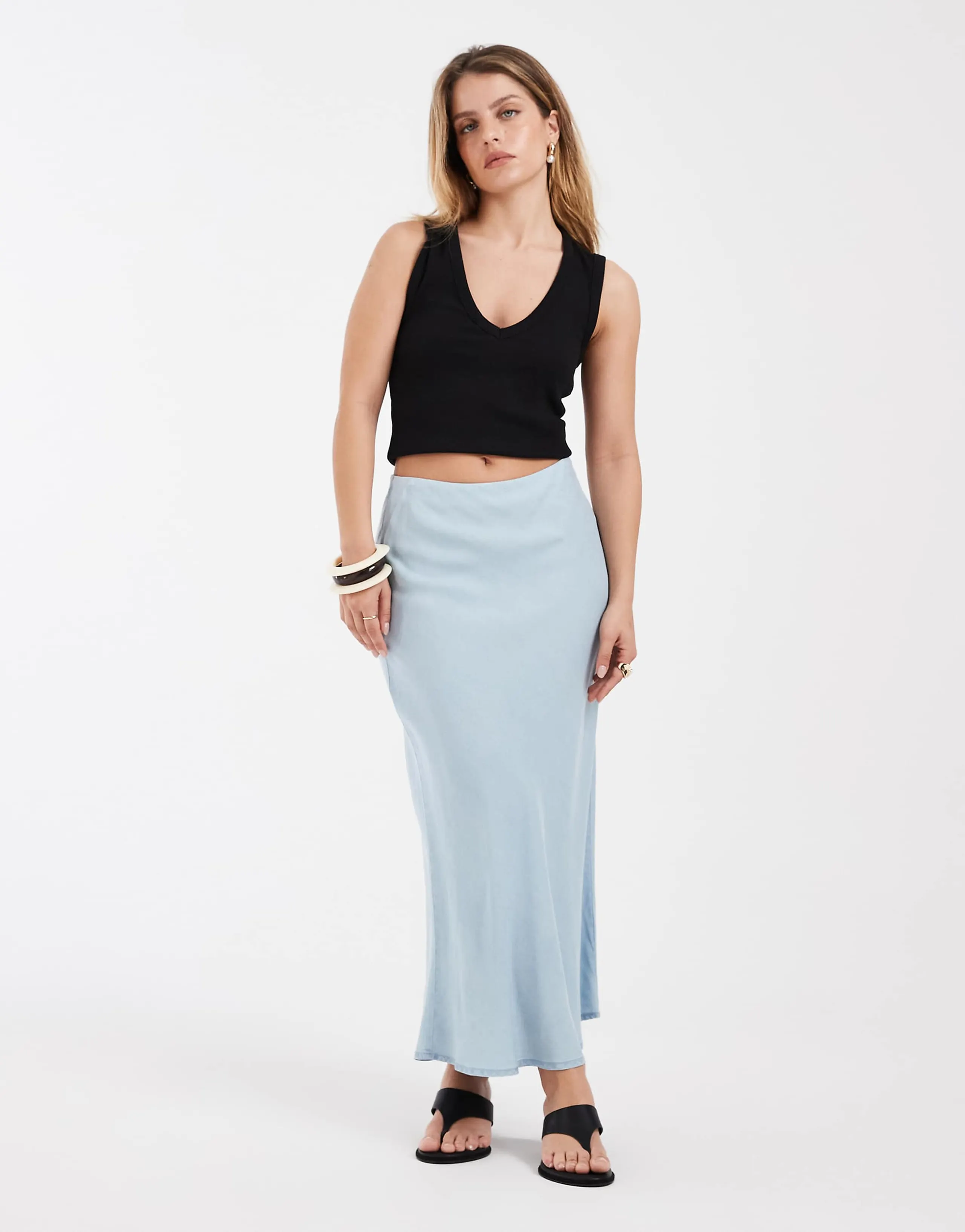 ONLY Petite chambray denim maxi skirt in light blue