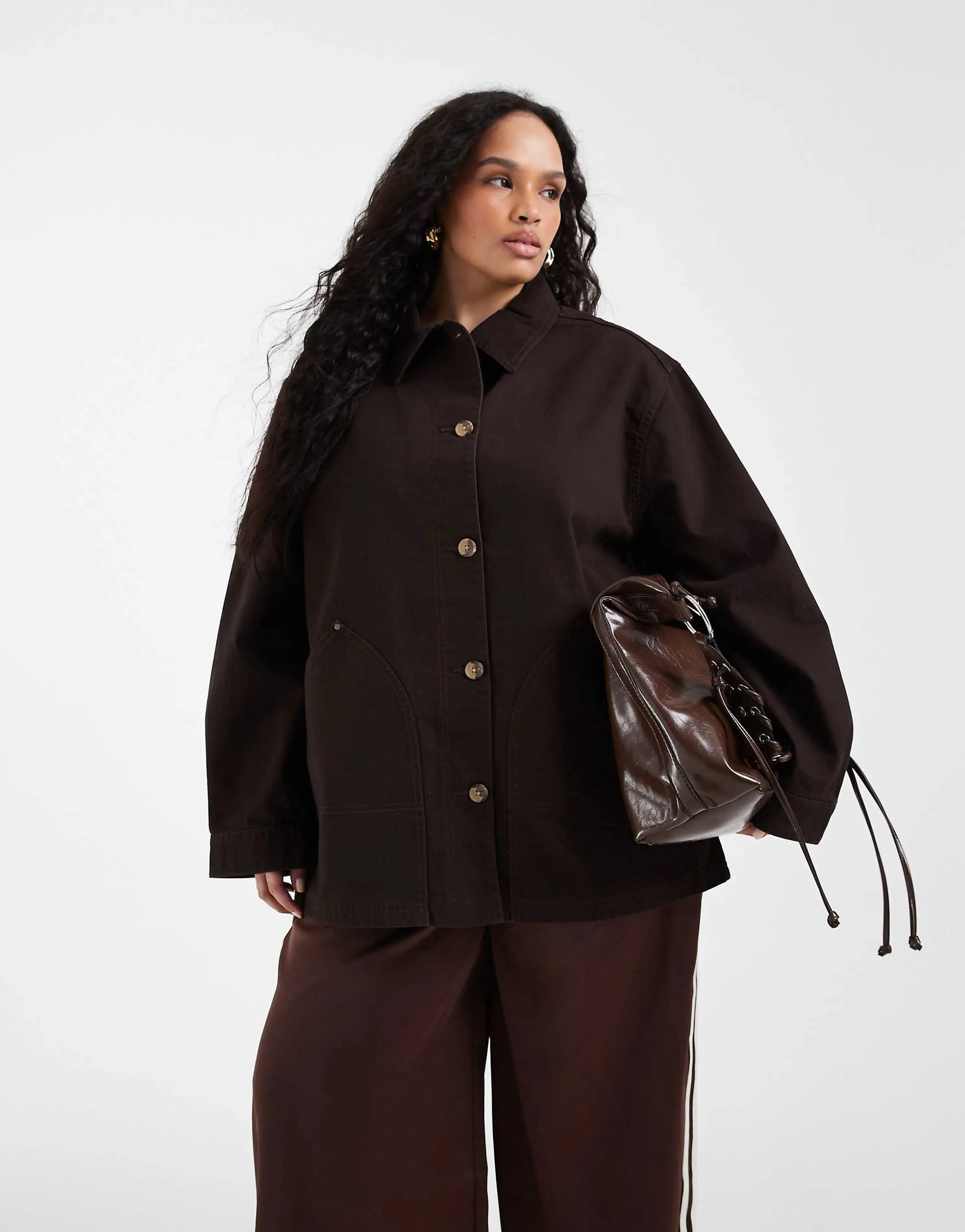 ASOS DESIGN Curve oversized cotton harrington jacket in chocolate