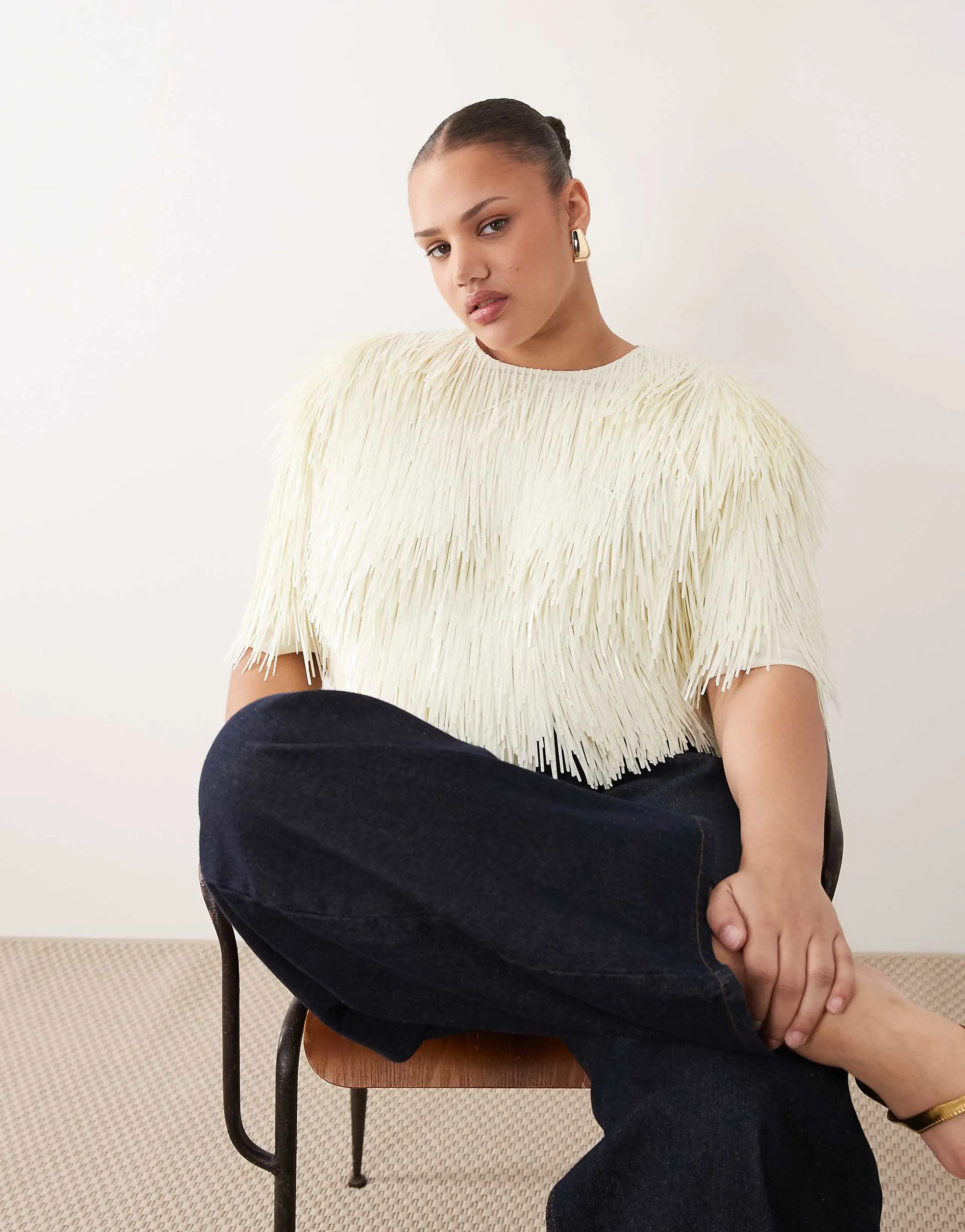 ARRANGE Curve all-over shard sequin strong shoulder T-shirt in white