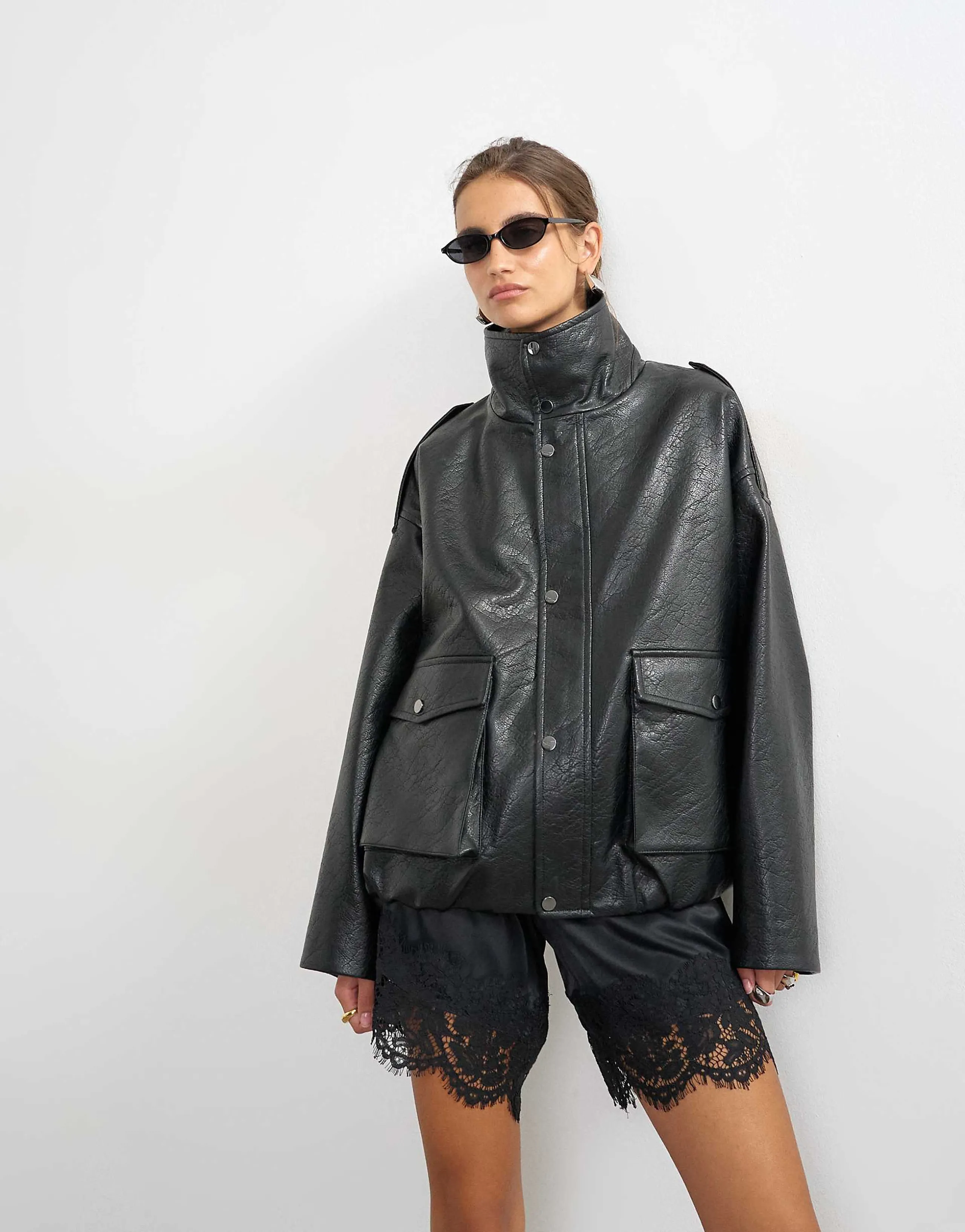 Topshop faux leather funnel neck drawstring bomber jacket in black