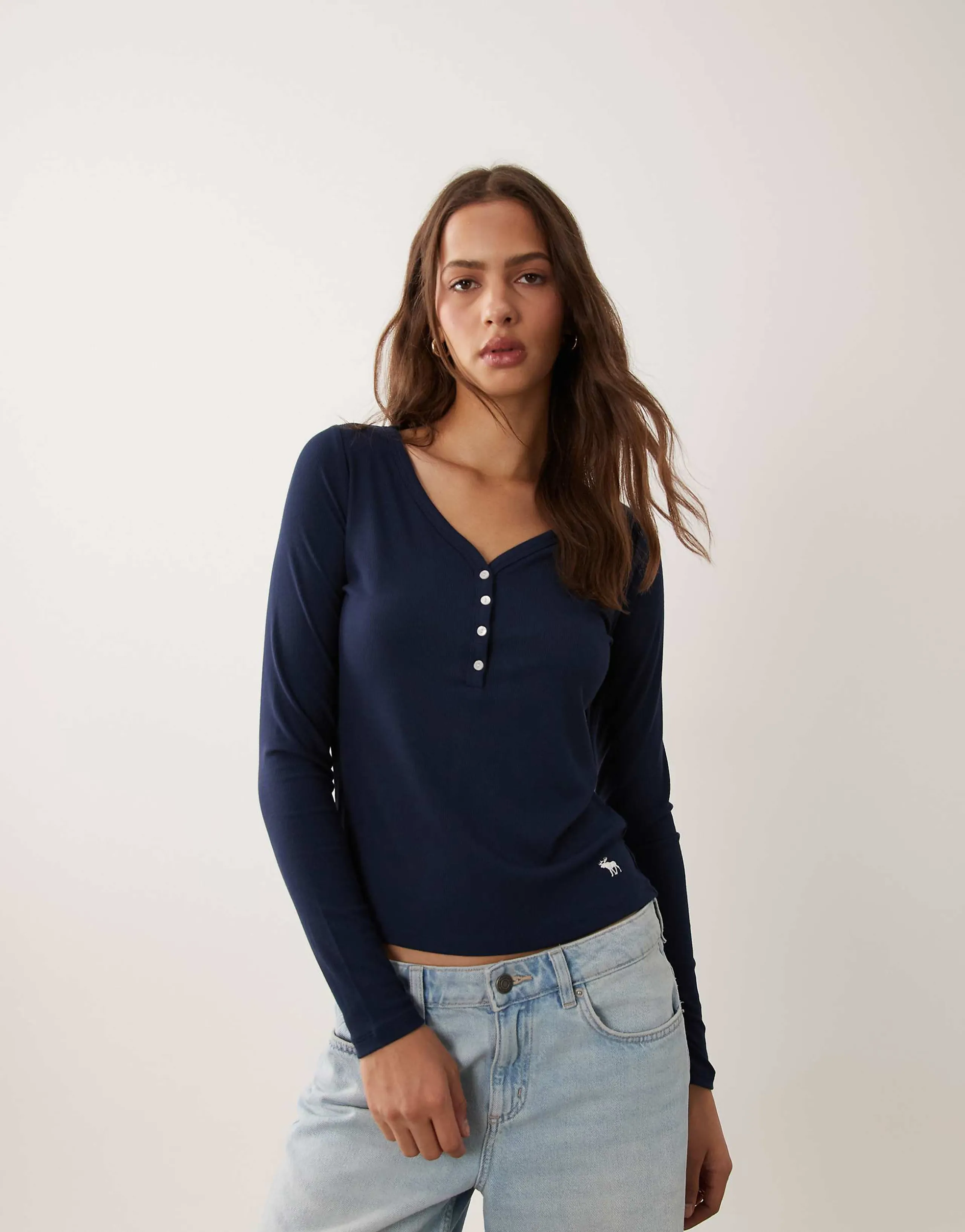 Abercrombie & Fitch long sleeve ribbed Henley top in navy